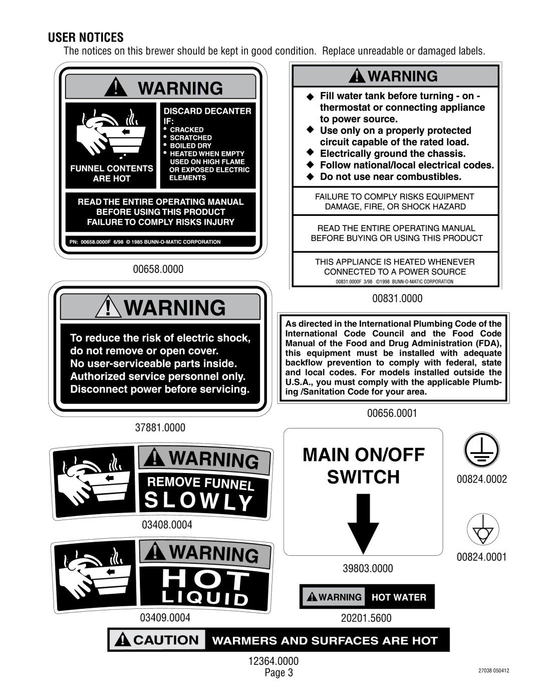 Bunn 270380000H manual User Notices, 00658.0000 00831.0000 