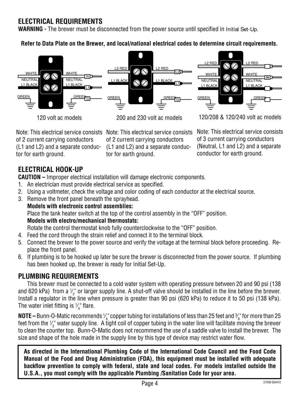 Bunn 270380000H manual Electrical Requirements, Electrical HOOK-UP, Plumbing Requirements 