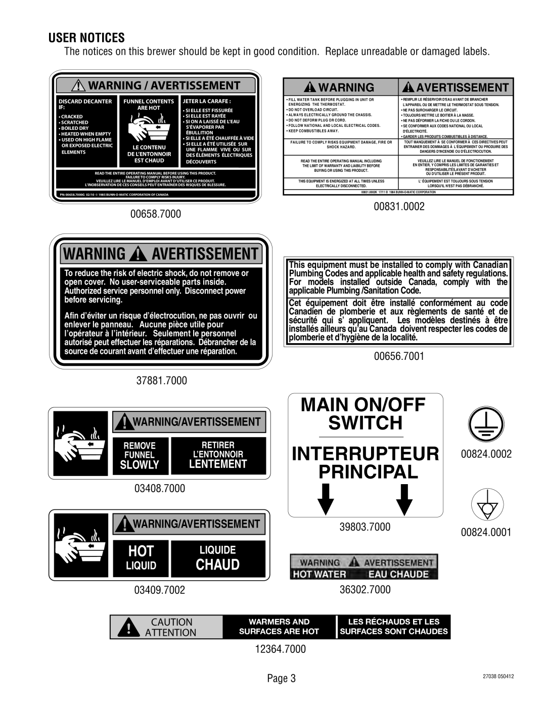 Bunn 27038.7000H manual User Notices, Avertissement 