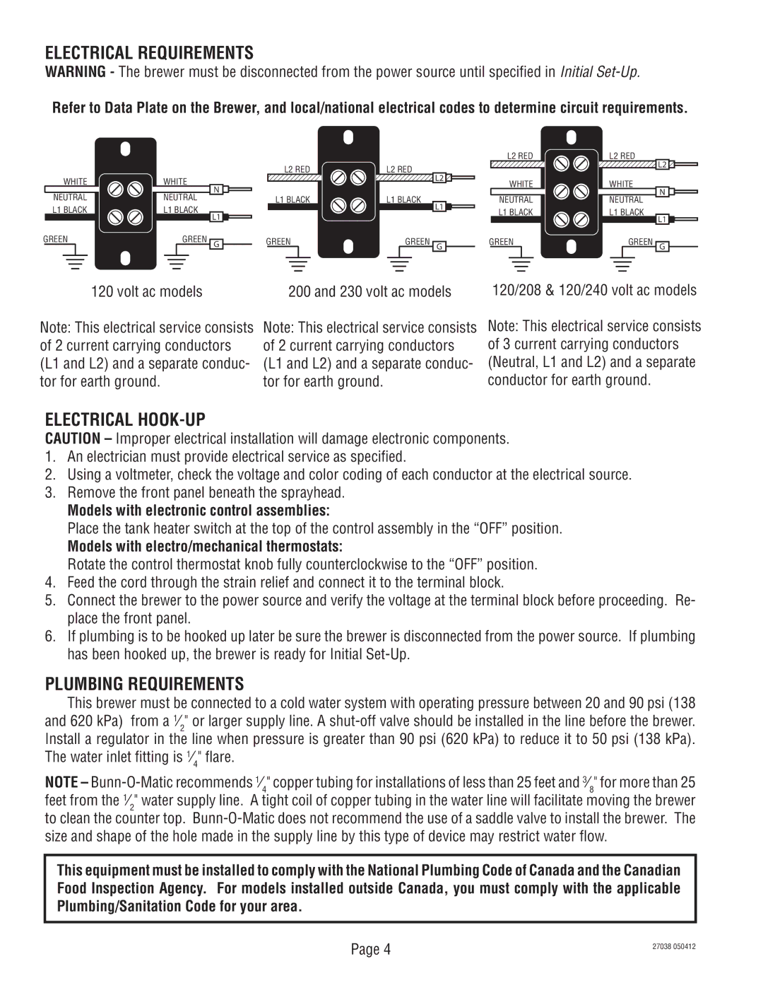 Bunn 27038.7000H manual Electrical Requirements, Electrical HOOK-UP, Plumbing Requirements 