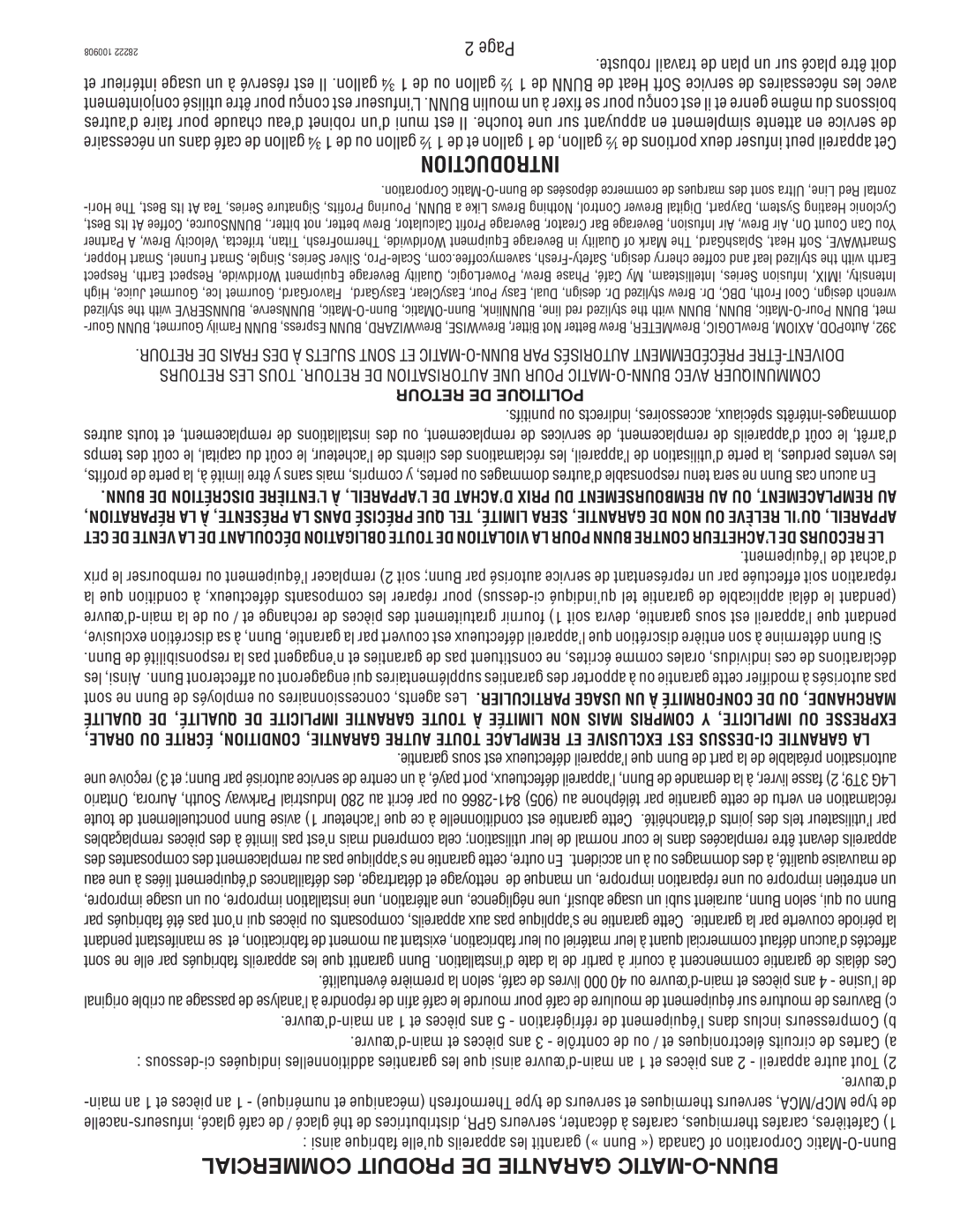 Bunn 28222.70006 manual Commercial Produit DE Garantie MATIC-O-BUNN, Robuste travail de plan un sur placé être doit, ’œuvre 