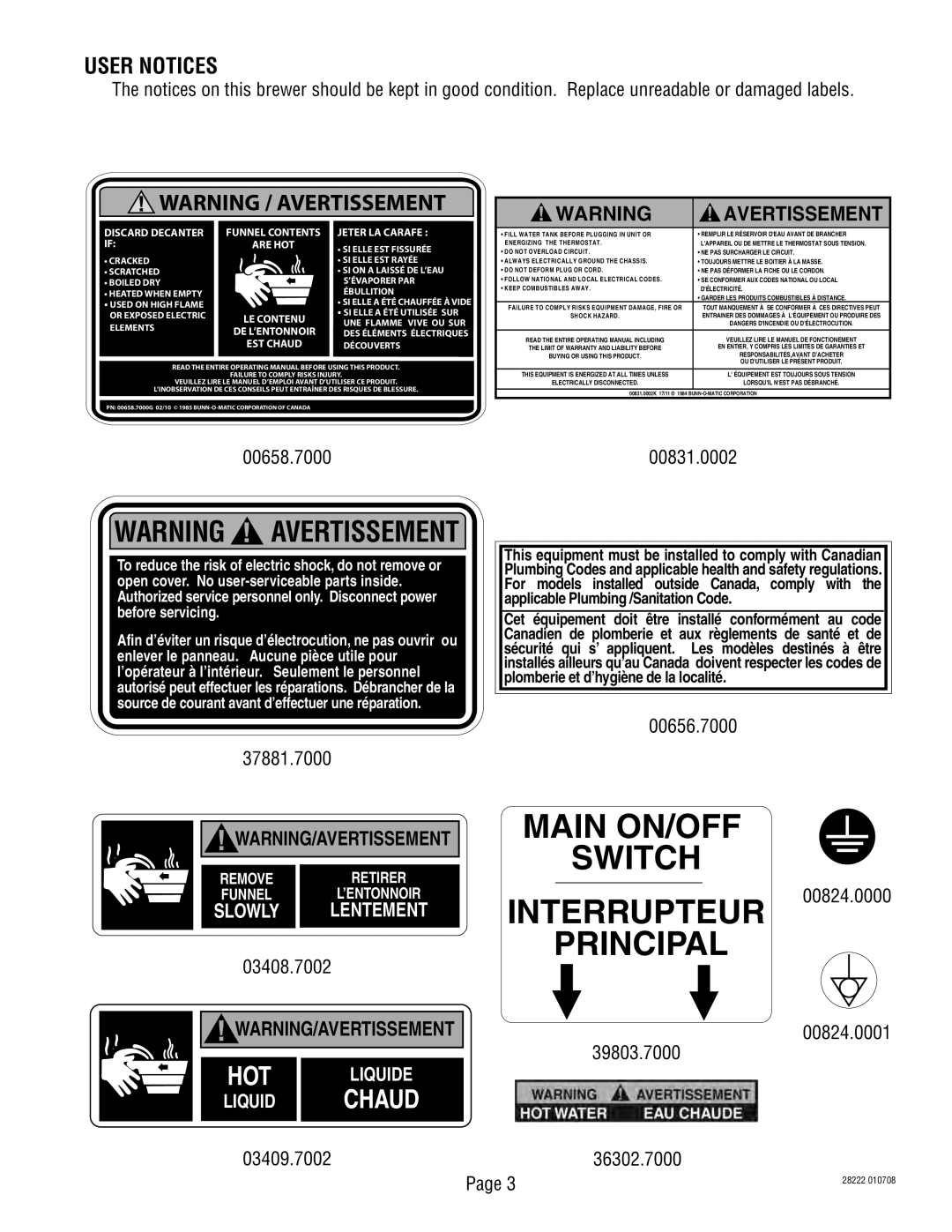 Bunn 28222.70006 User Notices, 00831.0002, 00656.7000 37881.7000, 03408.7002, 00824.0001 39803.7000 03409.700236302.7000 