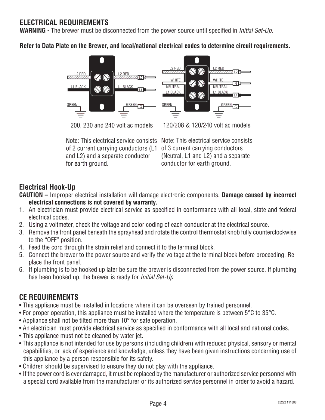 Bunn 28222.70006 manual Electrical Requirements, Electrical Hook-Up, CE Requirements, 200, 230 and 240 volt ac models 