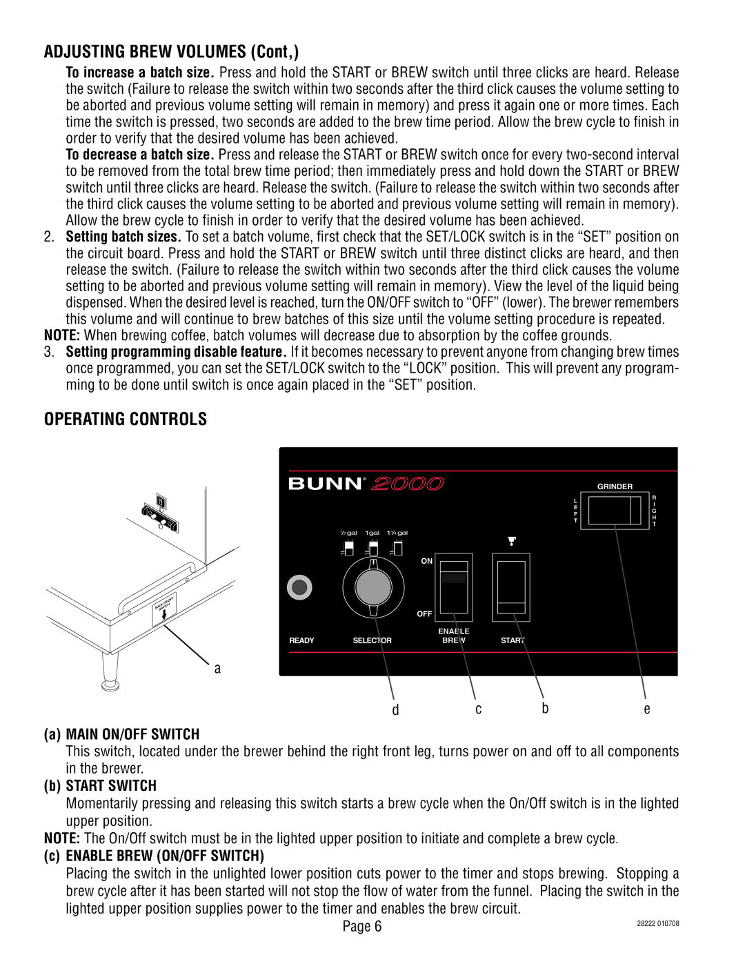 Bunn 28222.70006 manual Adjusting Brew Volumes, Operating Controls 