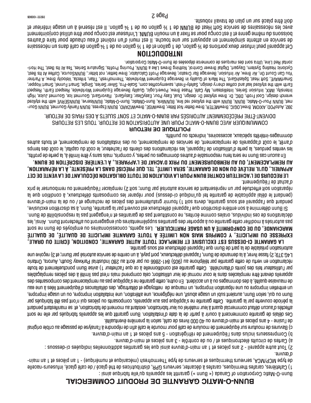 Bunn 28222.70006 manual Commercial Produit De Garantie Matic-O-Bunn, Introduction, Page, Retour De Politique 