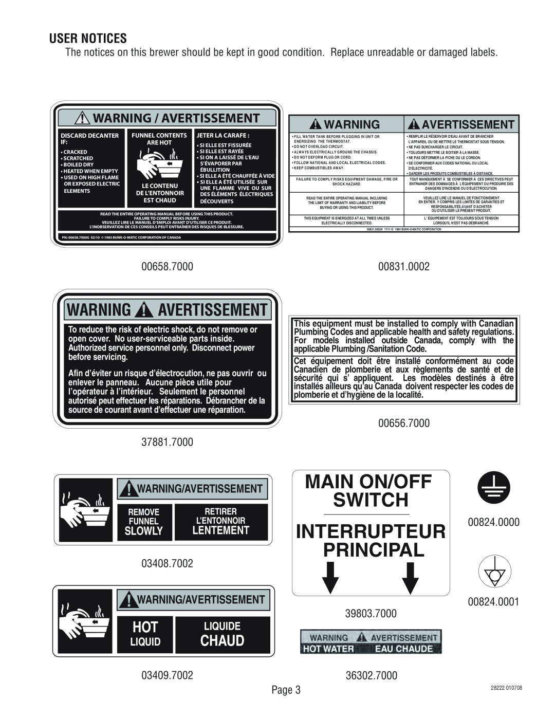 Bunn 28222.70006 Main On/Off Switch Interrupteur Principal, User Notices, Warning / Avertissement, Warning/Avertissement 