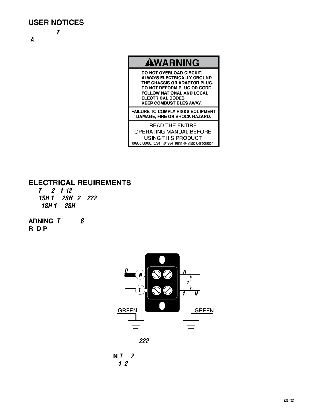 Bunn 2SH service manual User Notices, Electrical Requirements 