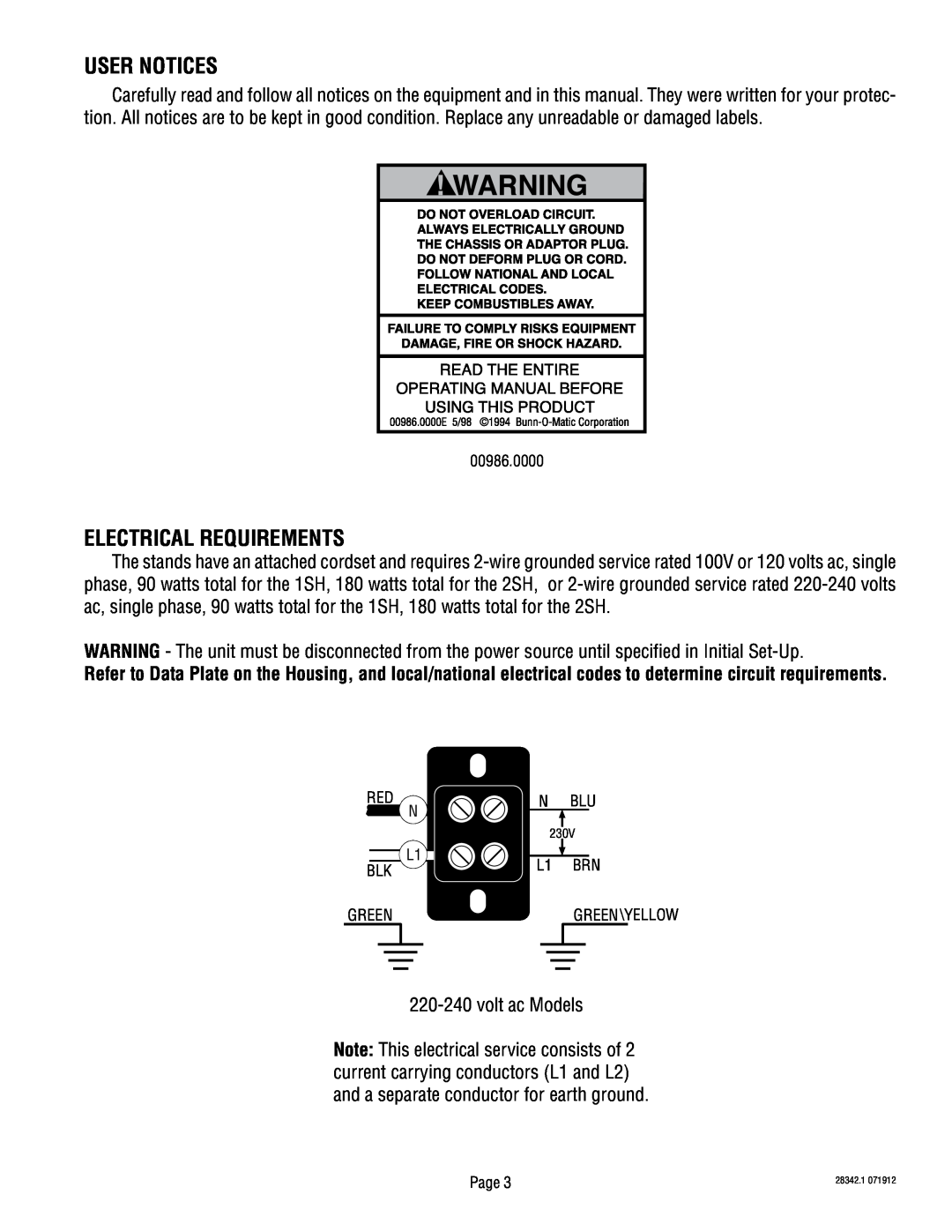 Bunn 2SH service manual User Notices, Electrical Requirements 