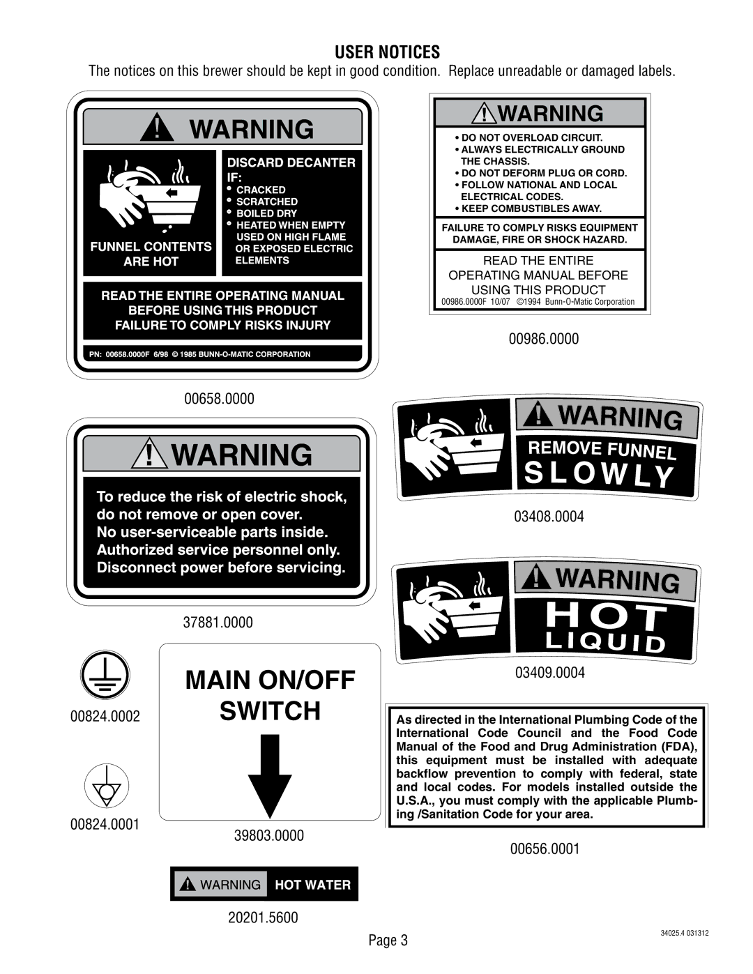 Bunn 34025.0004A manual Main ON/OFF, User Notices 