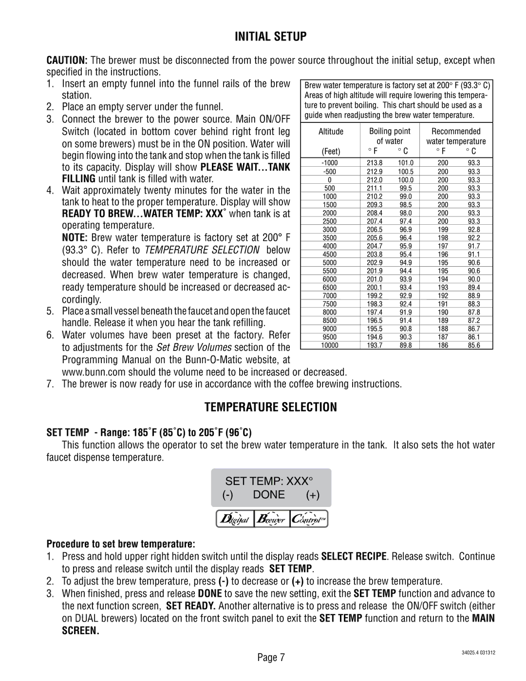 Bunn 34025.0004A manual Initial Setup, Temperature Selection, Ready to BREW...WATER Temp XXX˚ when tank is at 