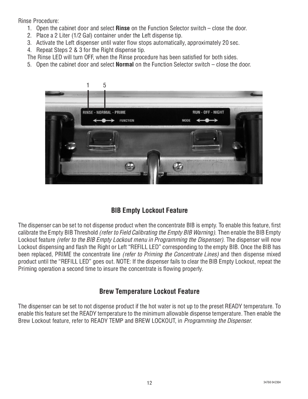 Bunn 34766.0000S manual BIB Empty Lockout Feature, Brew Temperature Lockout Feature 