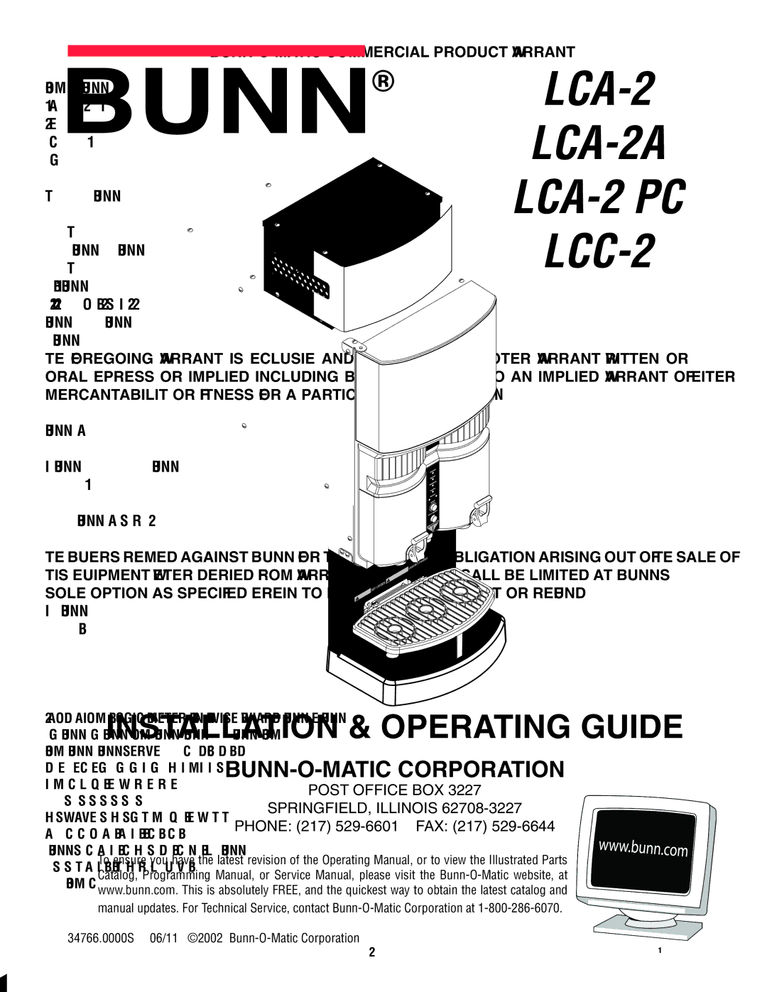 Bunn 34766.0000S manual BUNN-O-MATIC Commercial Product Warranty 