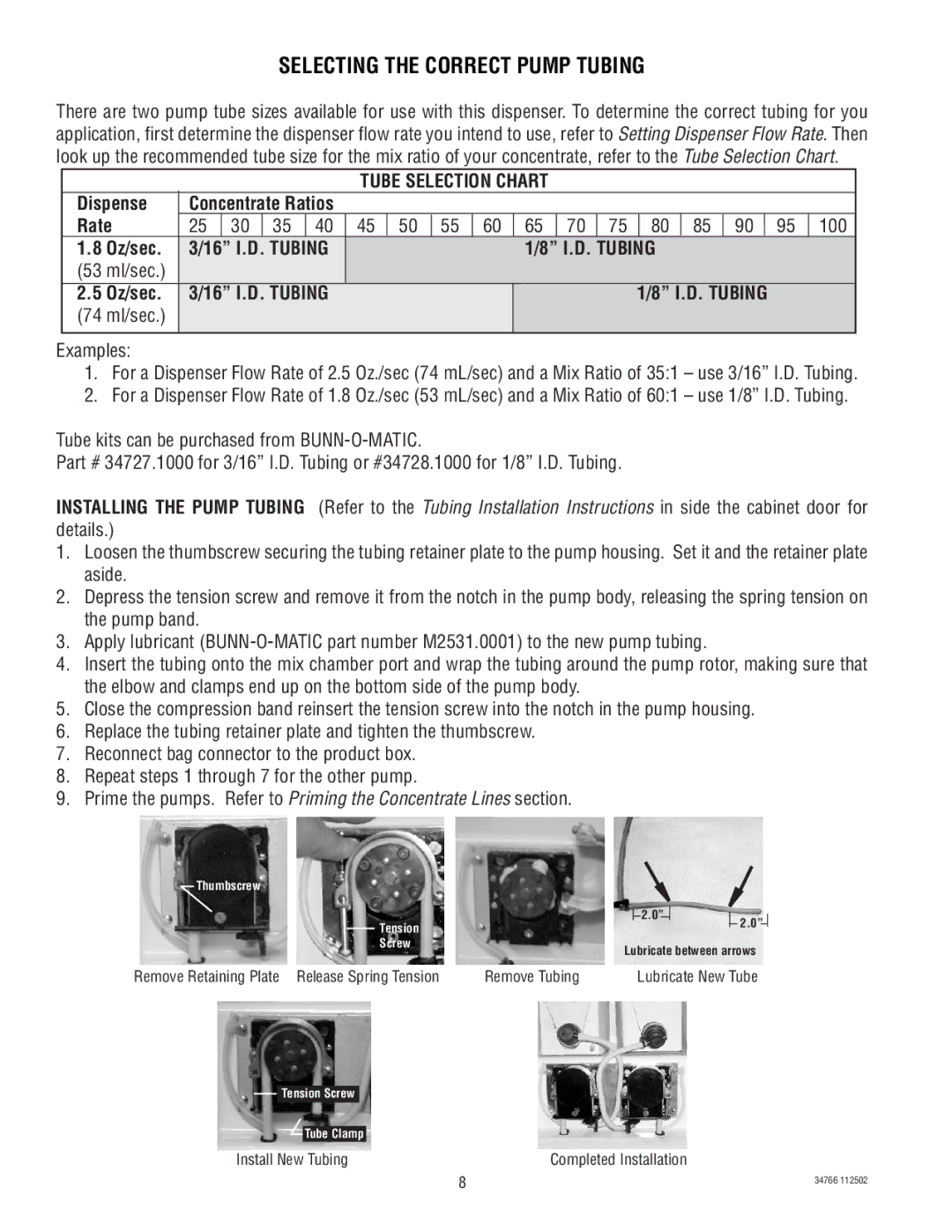 Bunn 34766.0000S manual Selecting the Correct Pump Tubing, Dispense, Rate, Oz/sec 16 I.D. Tubing 