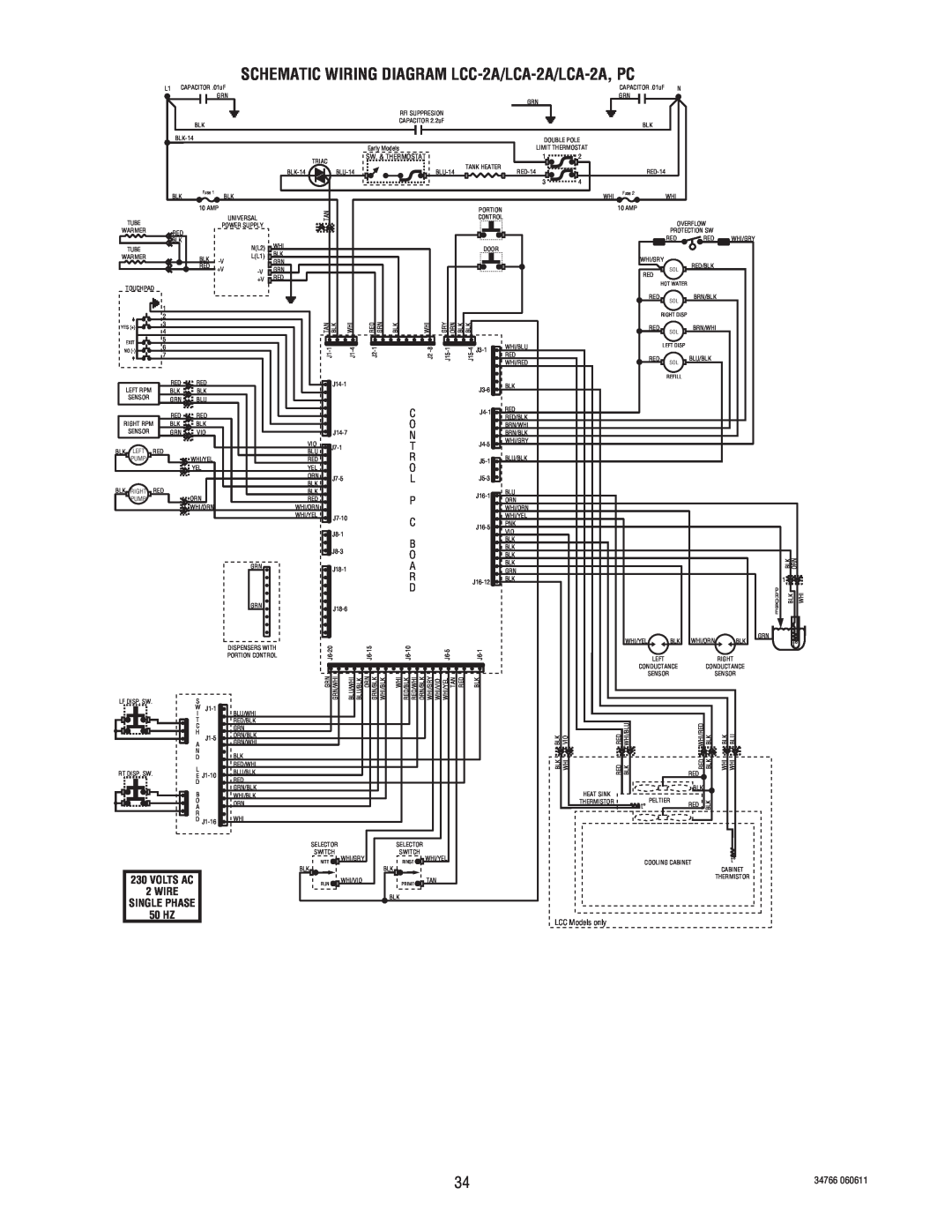 Bunn 34766.0000S manual SCHEMATIC WIRING DIAGRAM LCC-2A/LCA-2A/LCA-2A, PC, Volts Ac, Wire, Single Phase, 50 HZ 