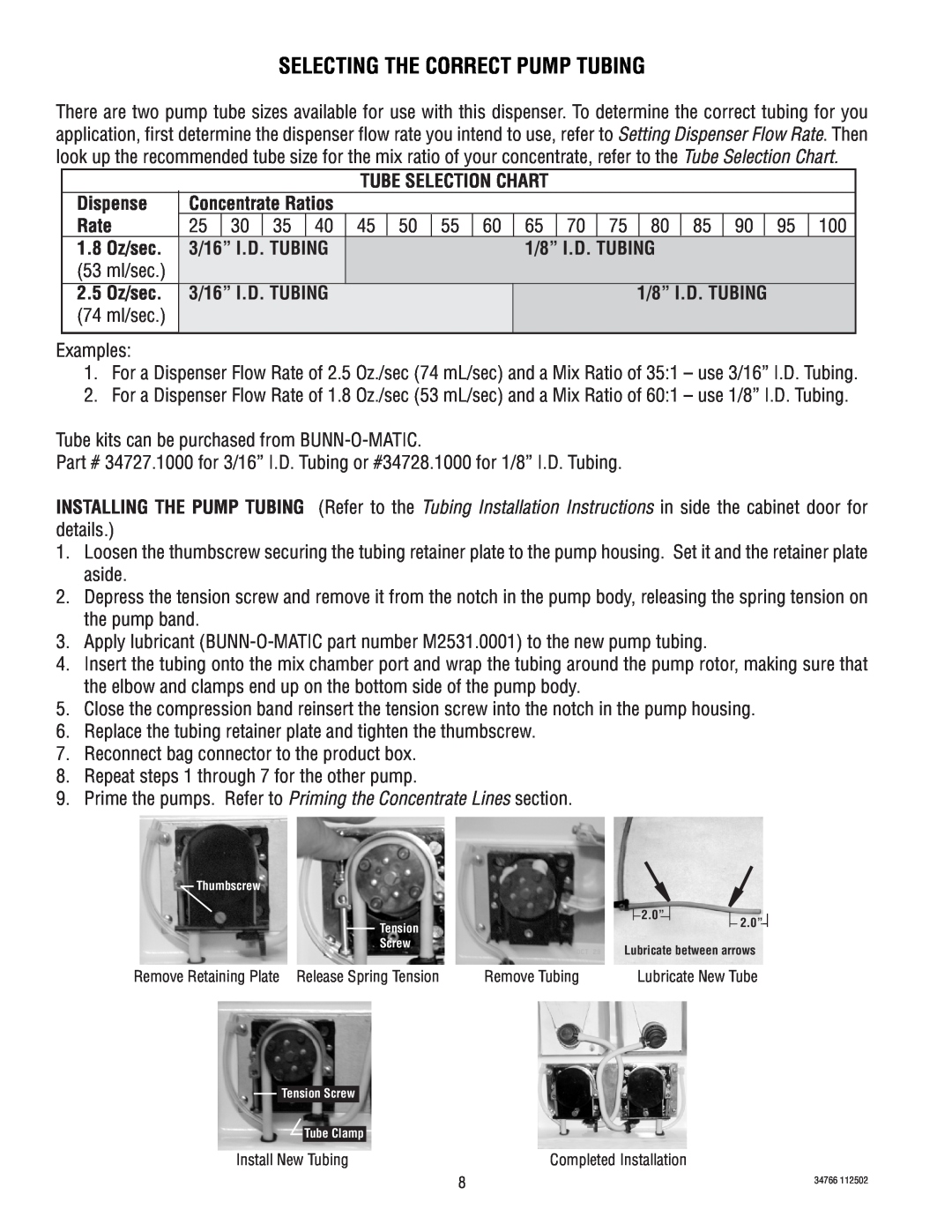 Bunn 34766.0000S manual Selecting The Correct Pump Tubing, Dispense, Rate, 1.8 Oz/sec, 3/16” I.D. TUBING, 1/8” I.D. TUBING 