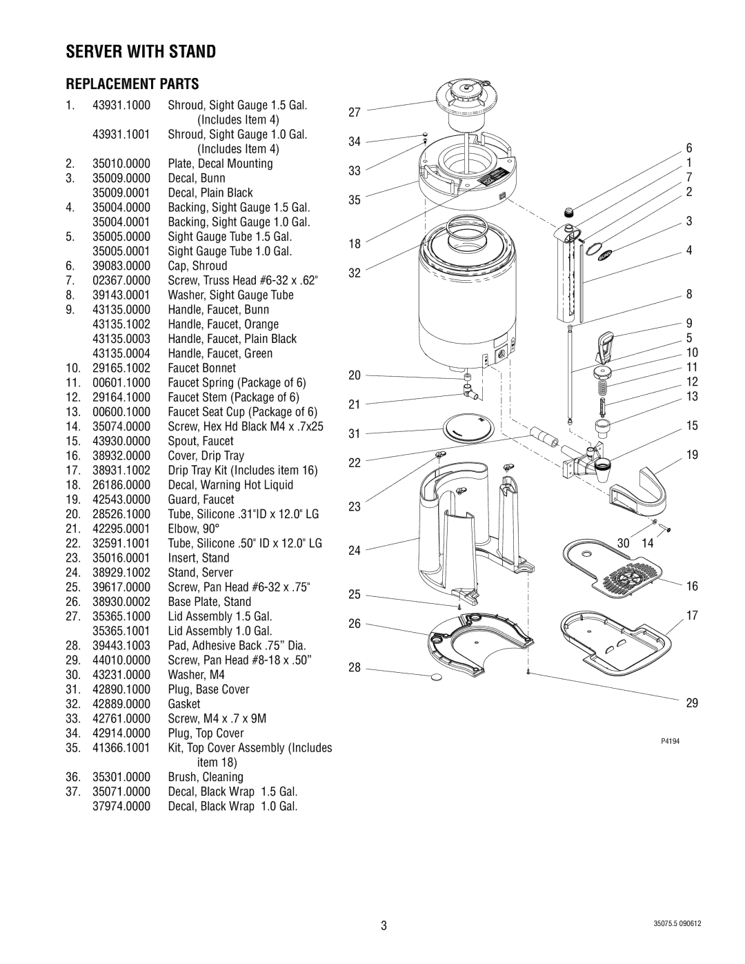 Bunn 350750005B manual Server with Stand, Replacement Parts 