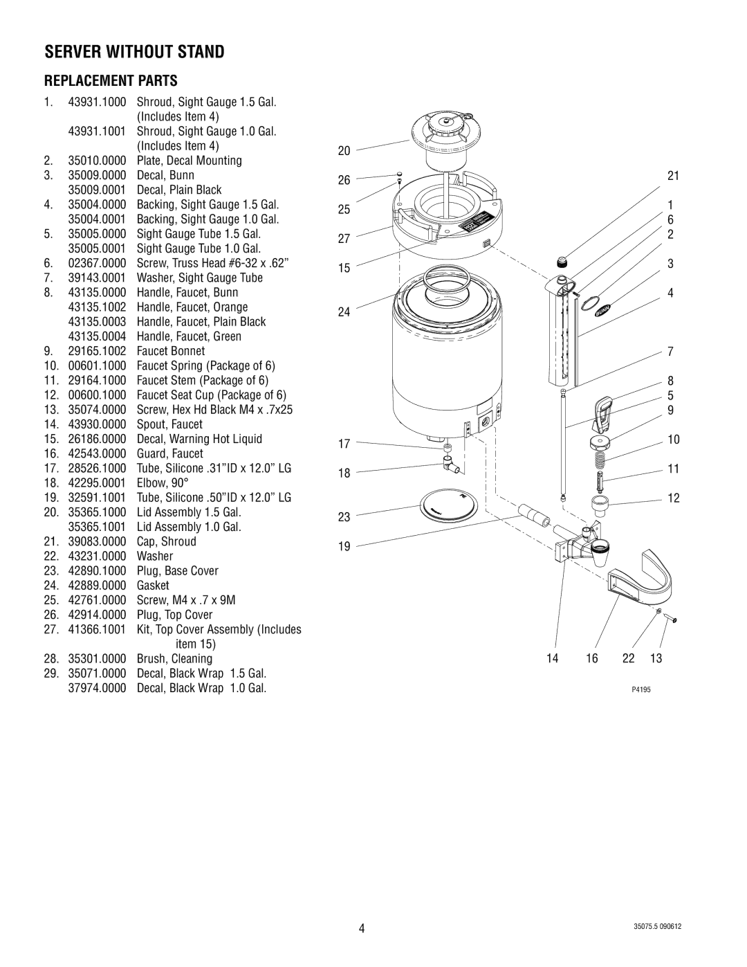 Bunn 350750005B manual Server Without Stand 