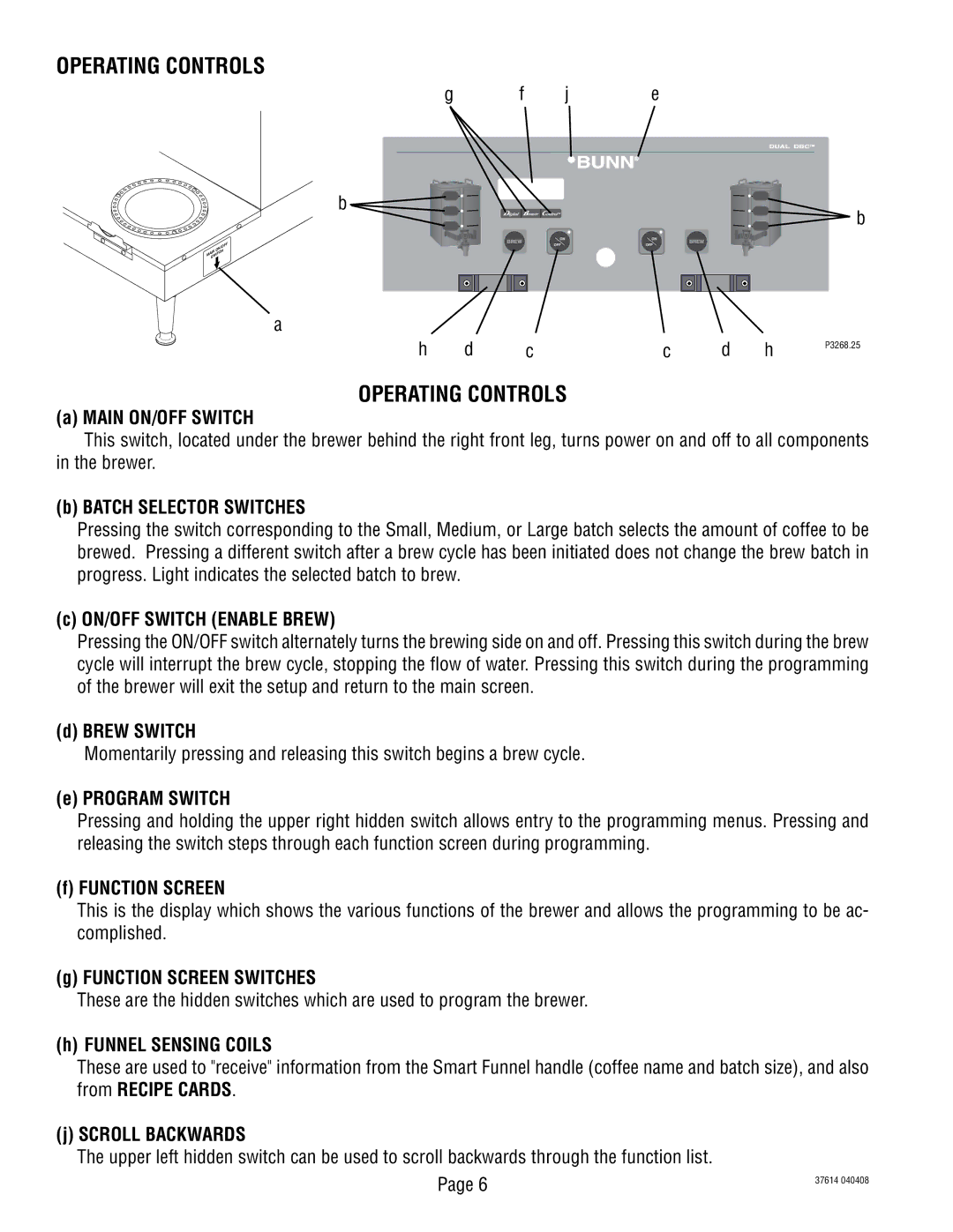 Bunn 37614 041410 manual Operating Controls, Main ON/OFF Switch 