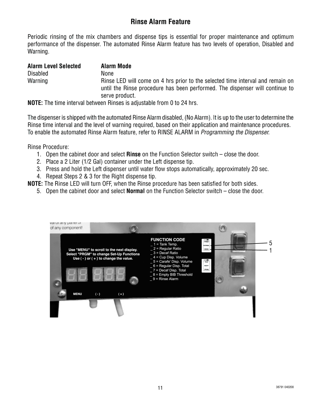 Bunn 38791.0000K service manual Rinse Alarm Feature, Alarm Level Selected Alarm Mode, Disabled None, Serve product 