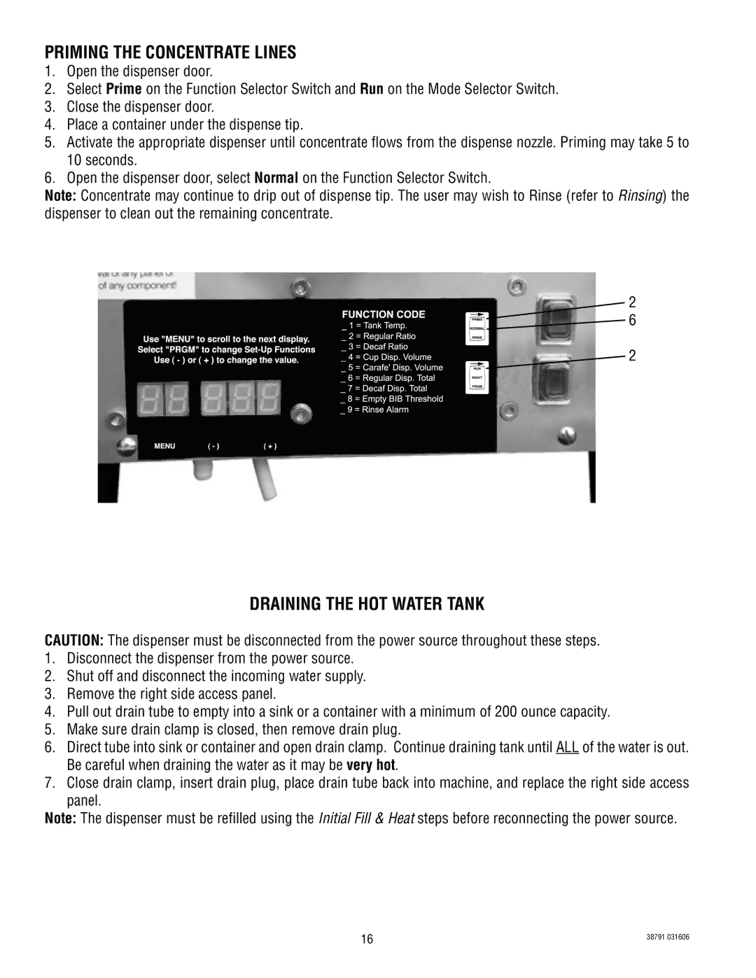 Bunn 38791.0000K service manual Priming the Concentrate Lines, Draining the HOT Water Tank 