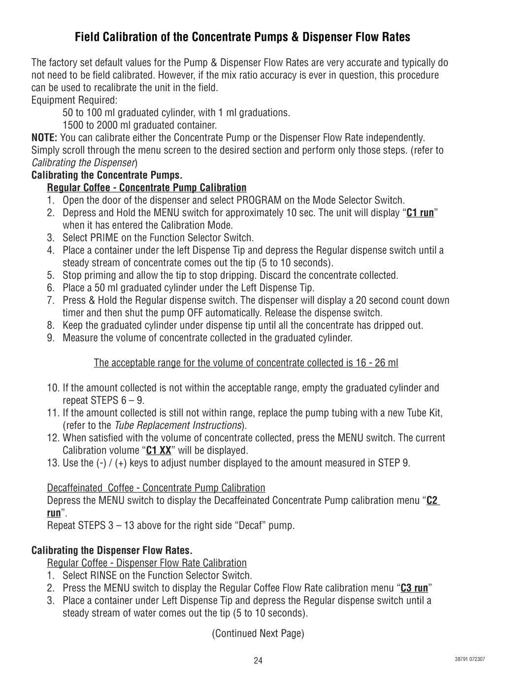 Bunn 38791.0000K service manual Calibrating the Dispenser Flow Rates 