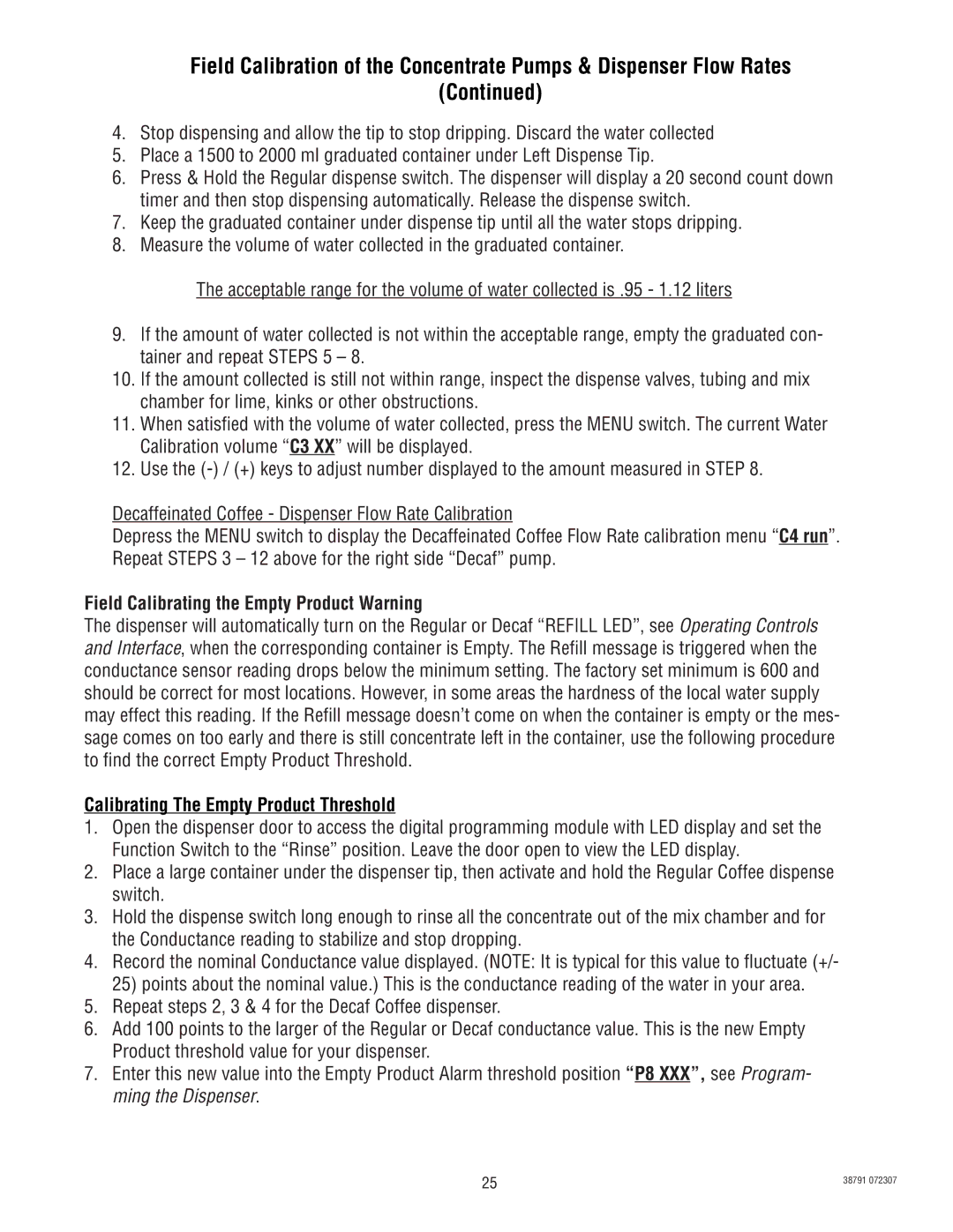 Bunn 38791.0000K service manual Field Calibrating the Empty Product Warning, Calibrating The Empty Product Threshold 