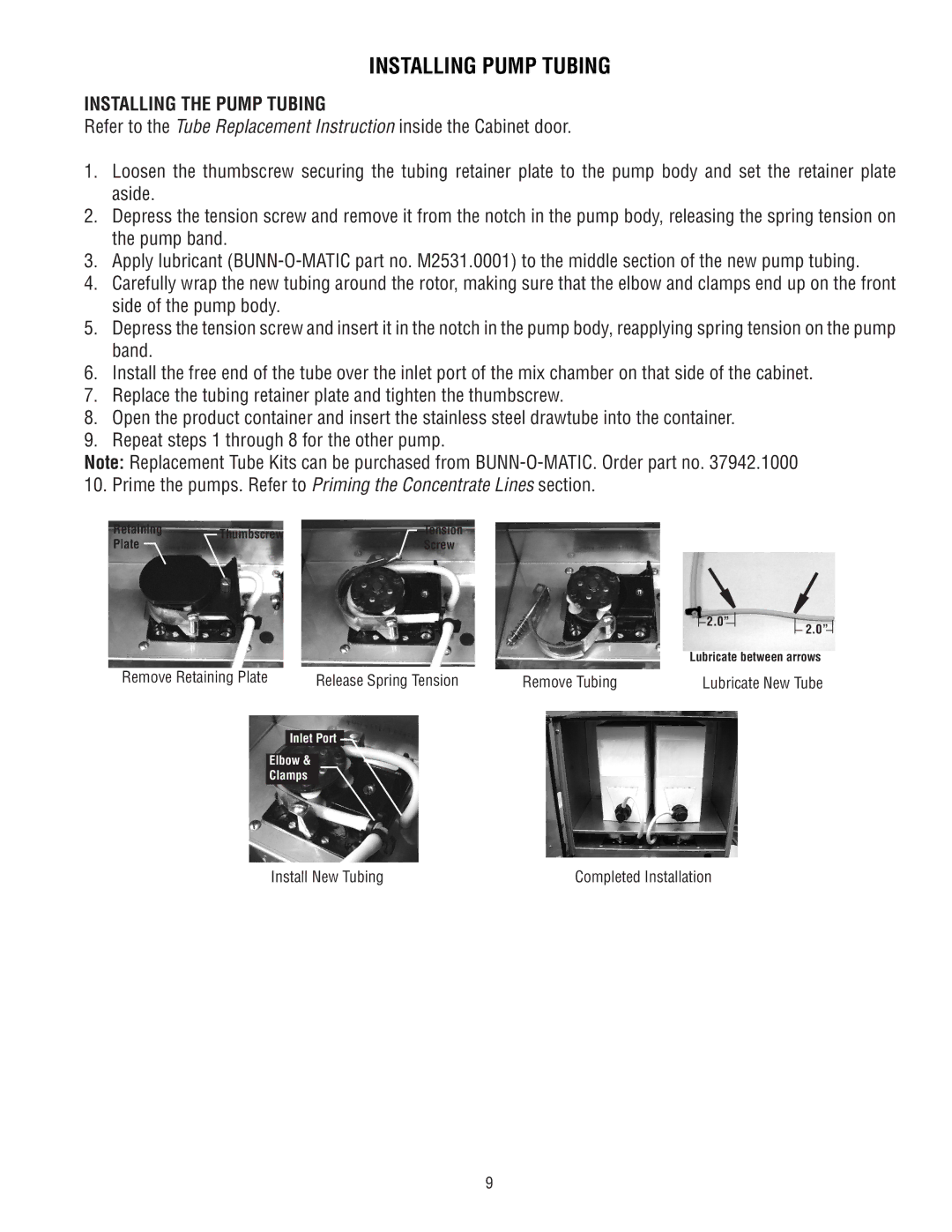 Bunn 38791.0000K service manual Installing Pump Tubing, Installing the Pump Tubing 