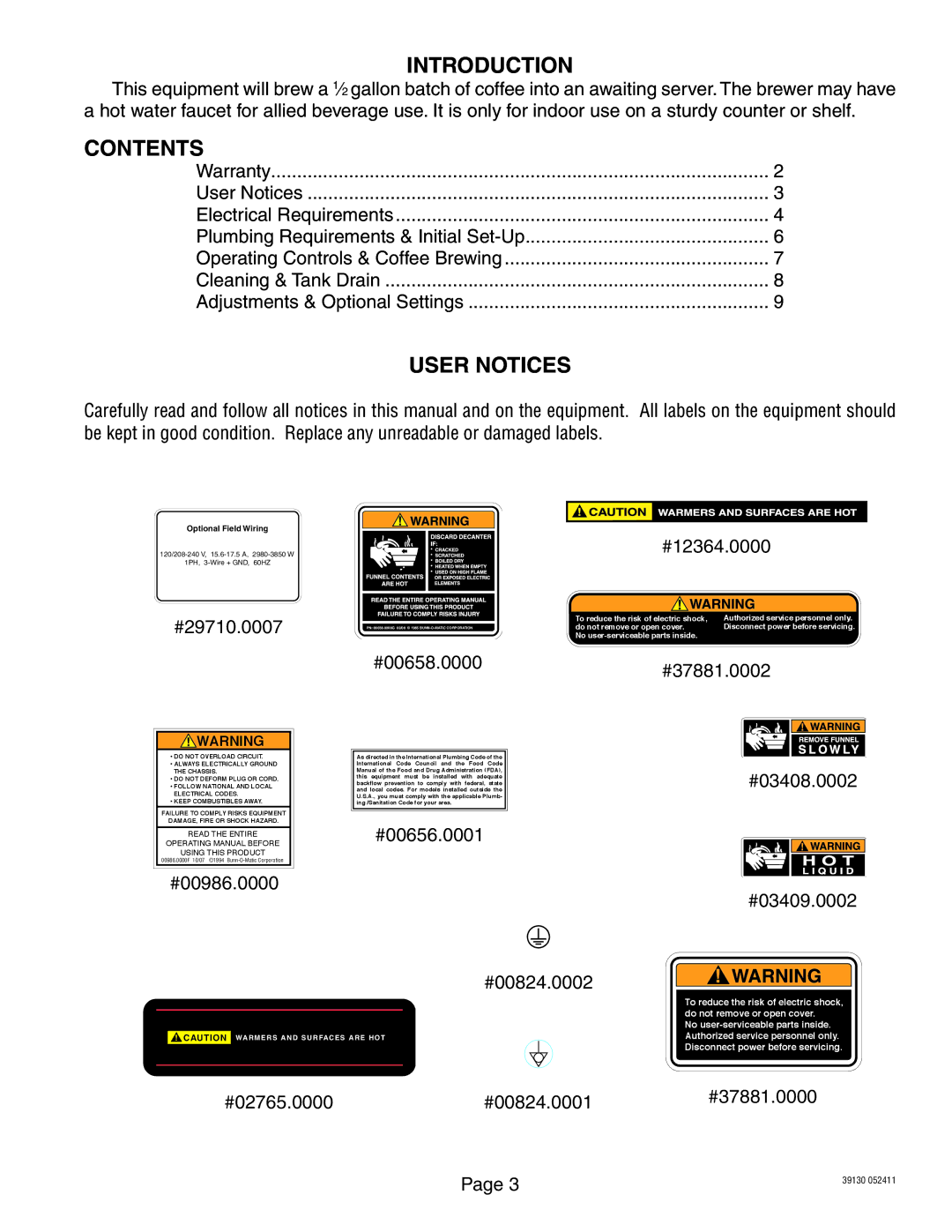 Bunn 39130.0000J service manual Introduction, Contents, User Notices 