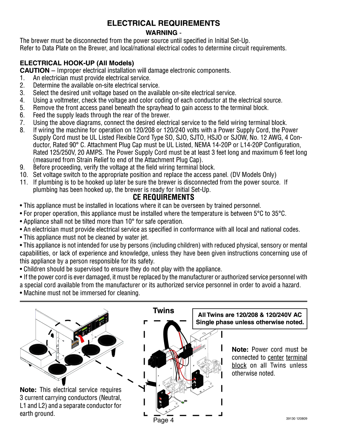 Bunn 39130.0000J service manual Electrical Requirements, CE Requirements 