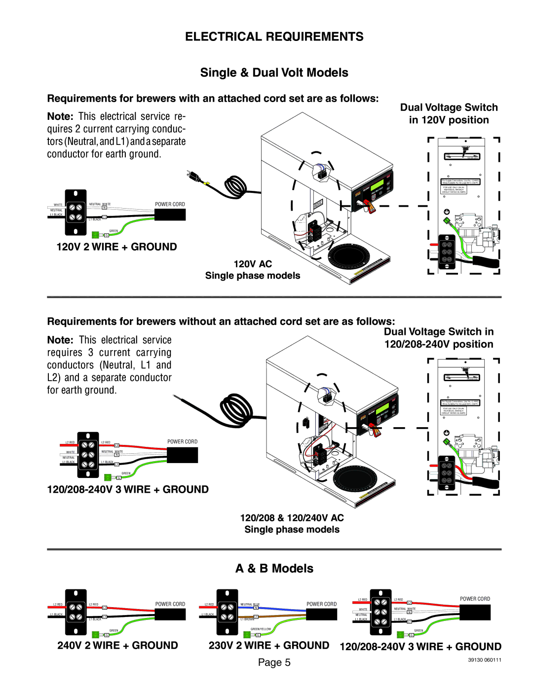 Bunn 39130.0000J service manual 120V 2 Wire + Ground, 240V 2 Wire + Ground 