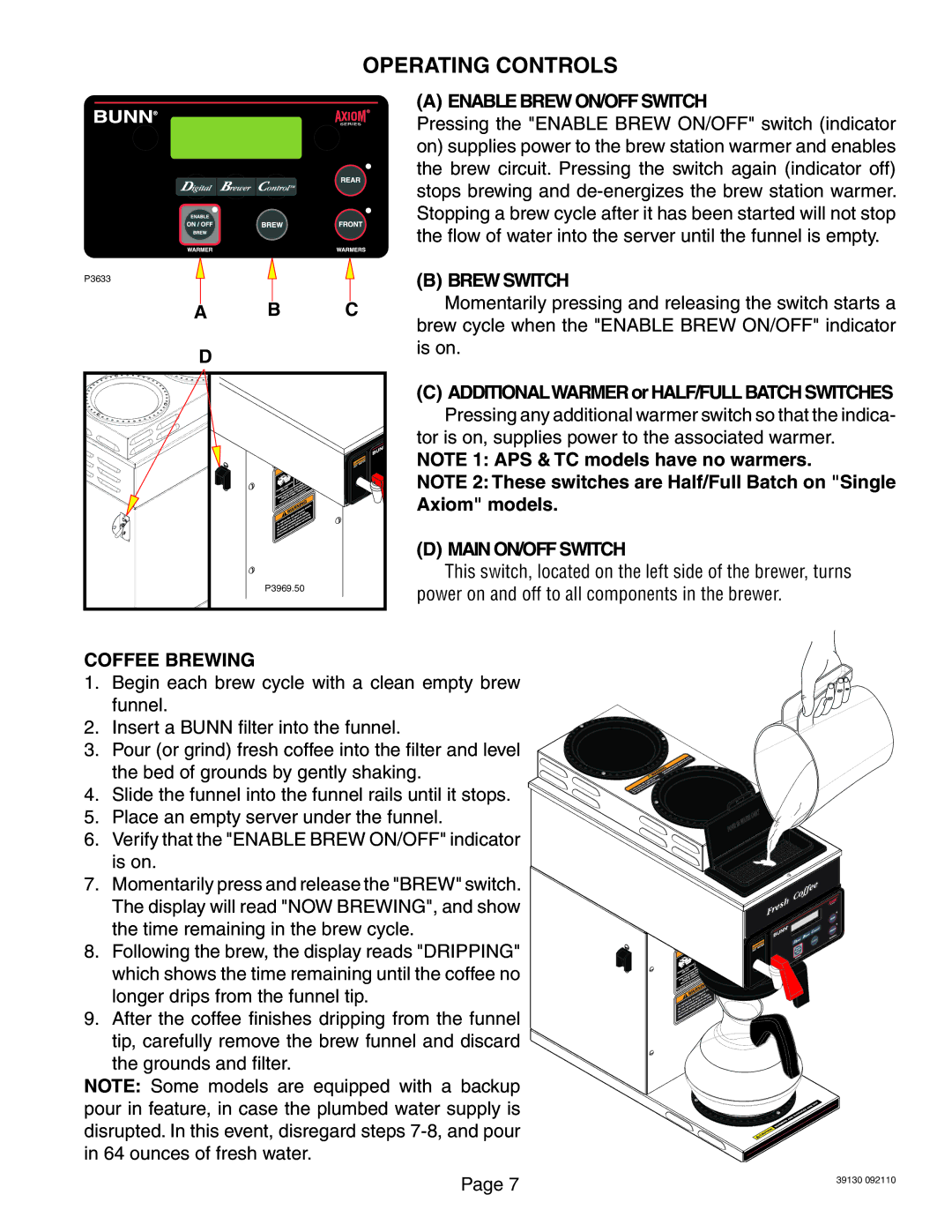 Bunn 39130.0000J Operating Controls, Enable Brew ON/OFF Switch, Brew Switch, Main ON/OFF Switch, Coffee Brewing 