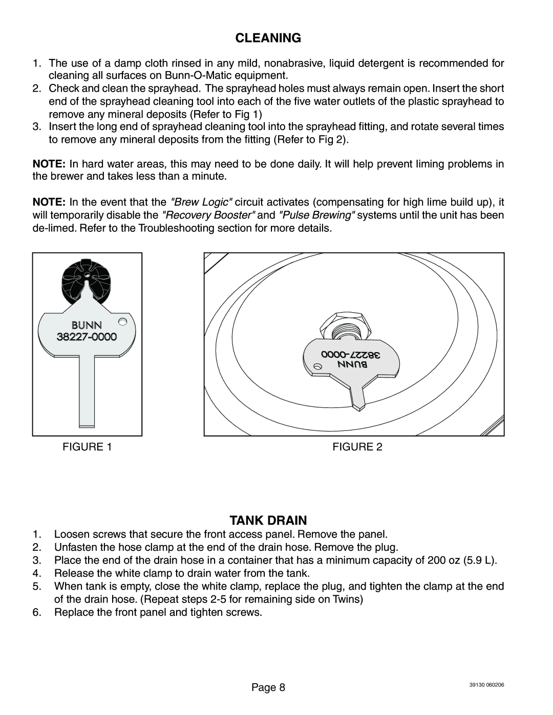 Bunn 39130.0000J service manual Cleaning, Tank Drain 