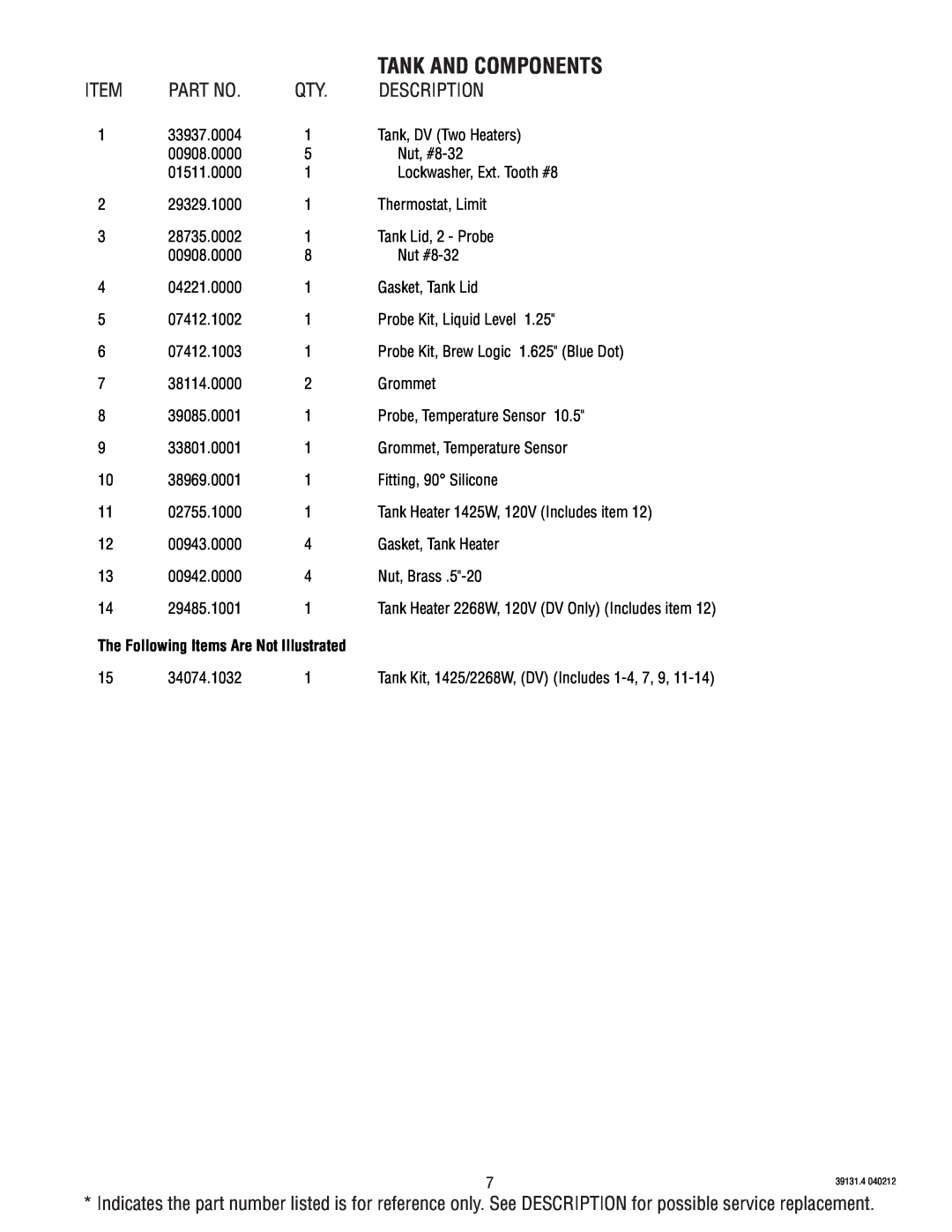 Bunn 39131.0004B Tank And Components, Description, Probe Kit, Brew Logic, The Following Items Are Not Illustrated 