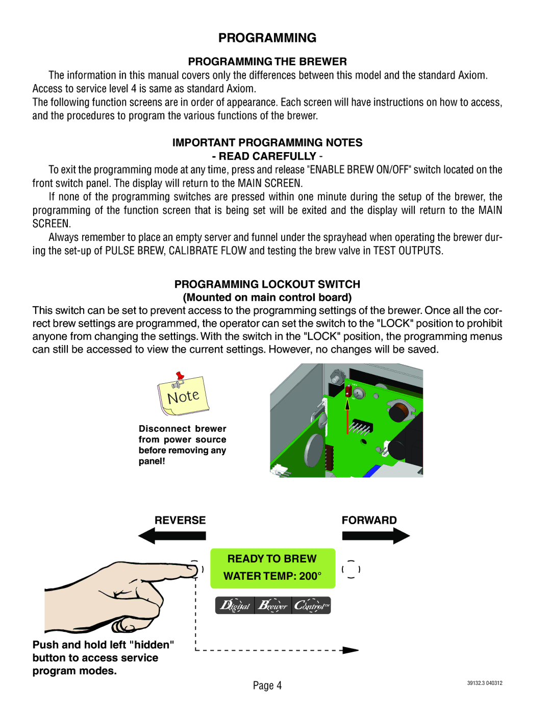 Bunn 39132 manual Programming the Brewer, Important Programming Notes Read Carefully, Reverse, Ready to Brew Water Temp 