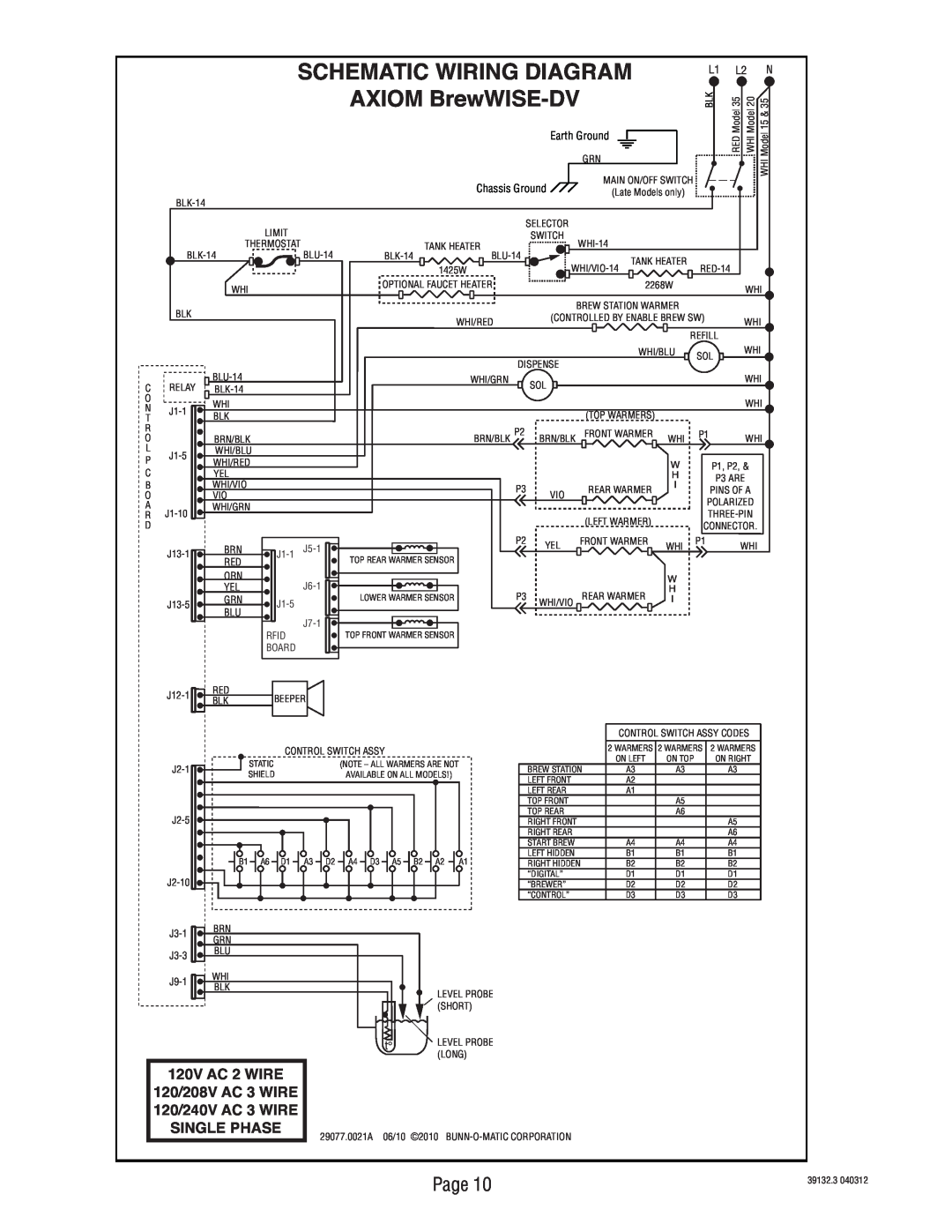Bunn 39132 manual Schematic Wiring Diagram, AXIOM BrewWISE-DV, 120V AC 2 WIRE 