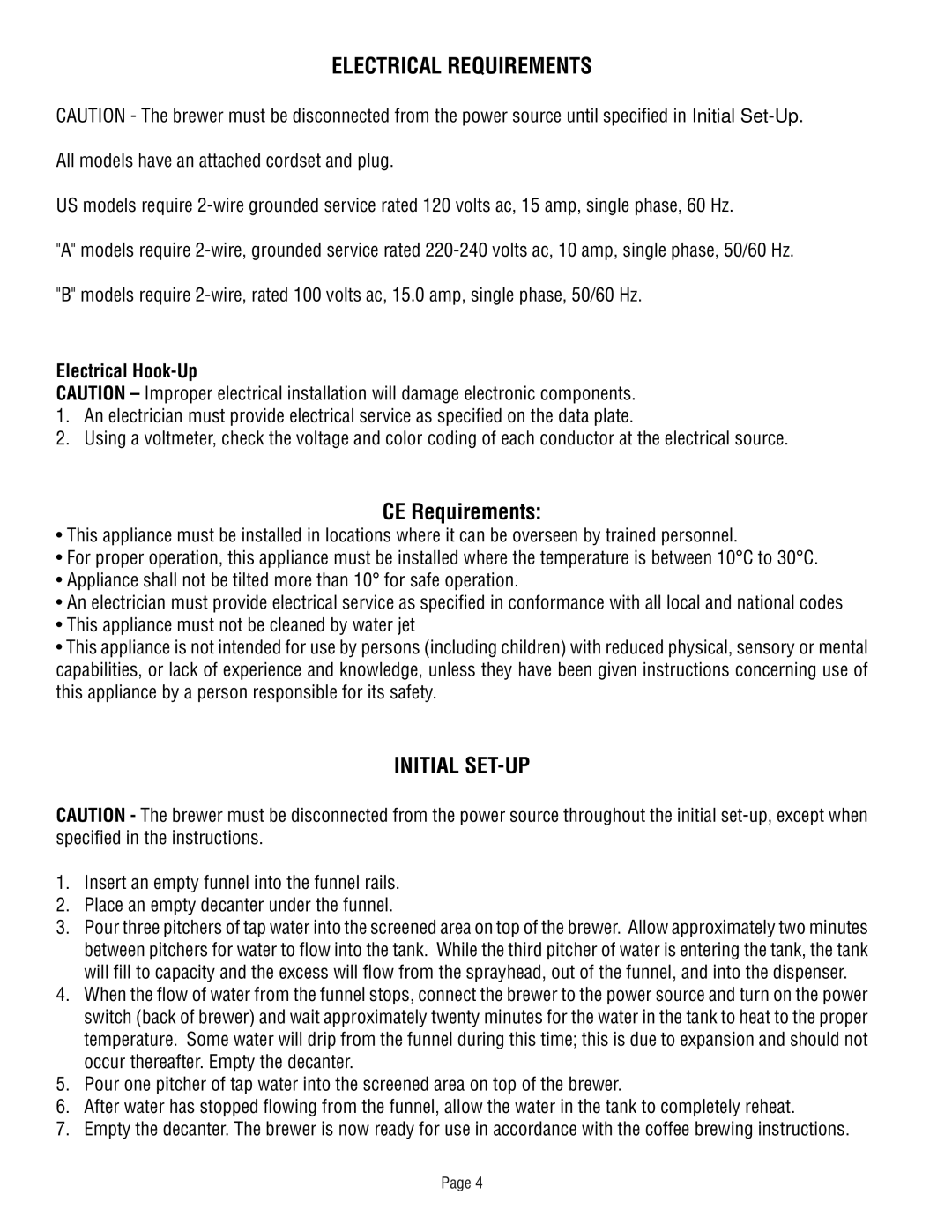 Bunn 392 manual Electrical Requirements, Initial SET-UP 