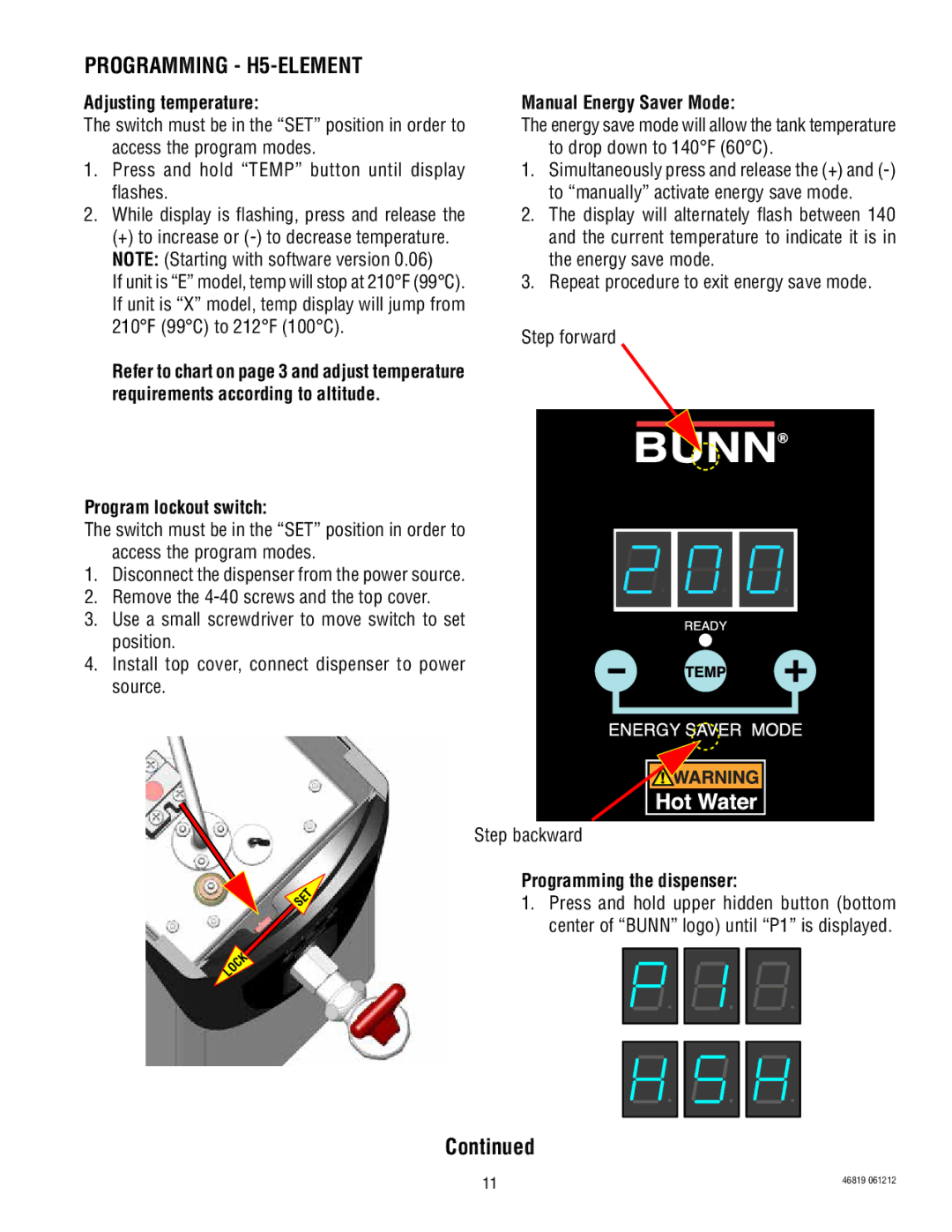 Bunn 10420, 39338, 10010 Programming H5-ELEMENT, Adjusting temperature, Program lockout switch, Manual Energy Saver Mode 