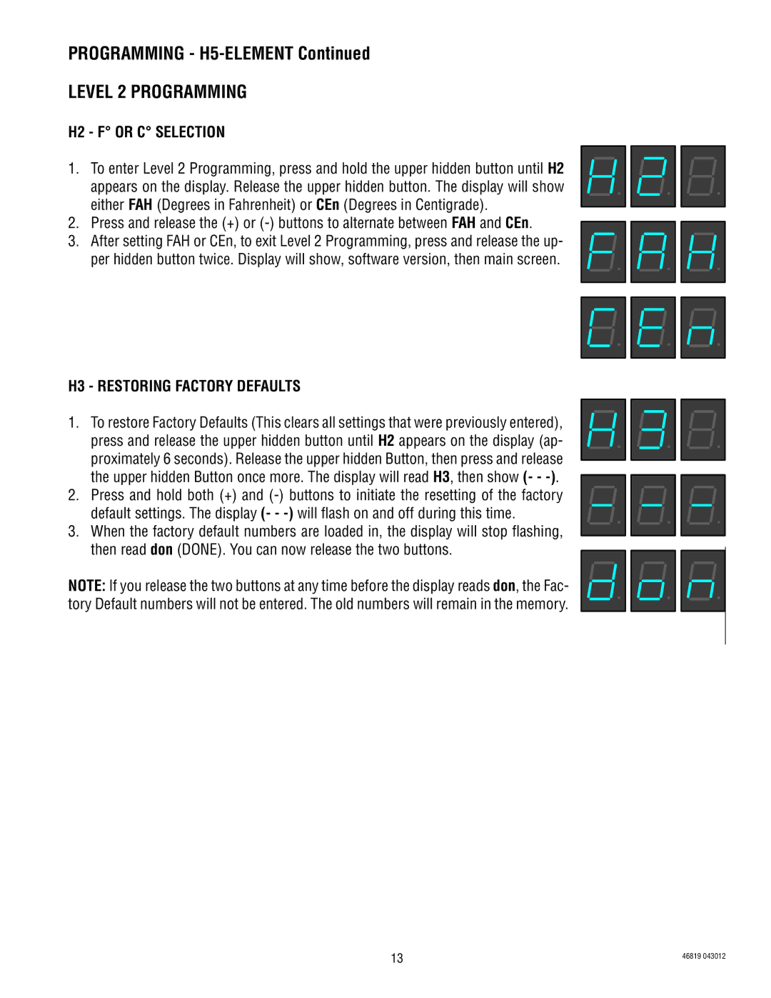 Bunn 10889, 39338.0001, 10010, 44306, 10420, 10267 manual Programming H5-ELEMENT 