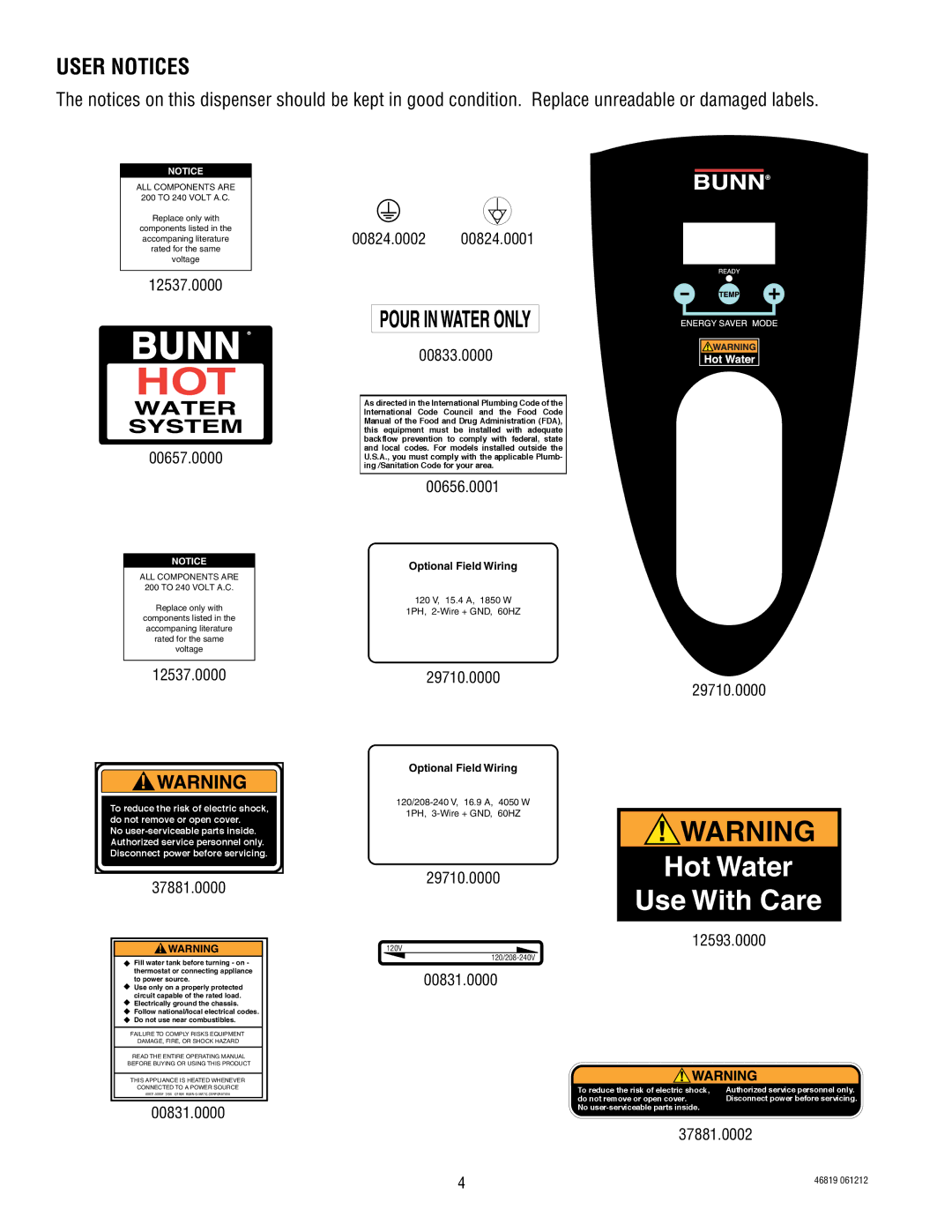 Bunn 10420, 39338.0001, 10010, 44306, 10267, 10889 manual User Notices, ALL Components are 