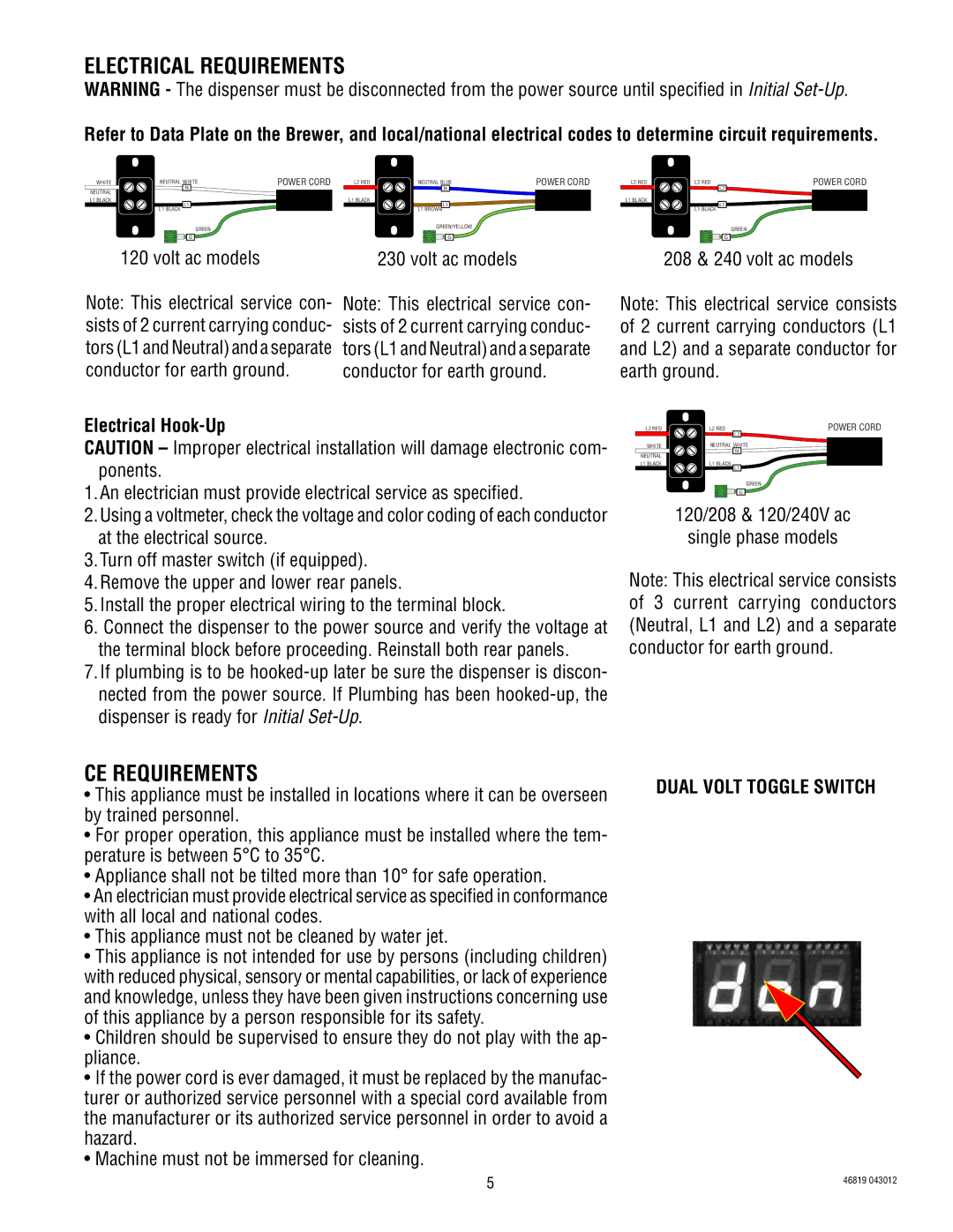 Bunn 10267, 39338.0001, 10010 manual Electrical Requirements, CE Requirements, Electrical Hook-Up, Dual Volt Toggle Switch 