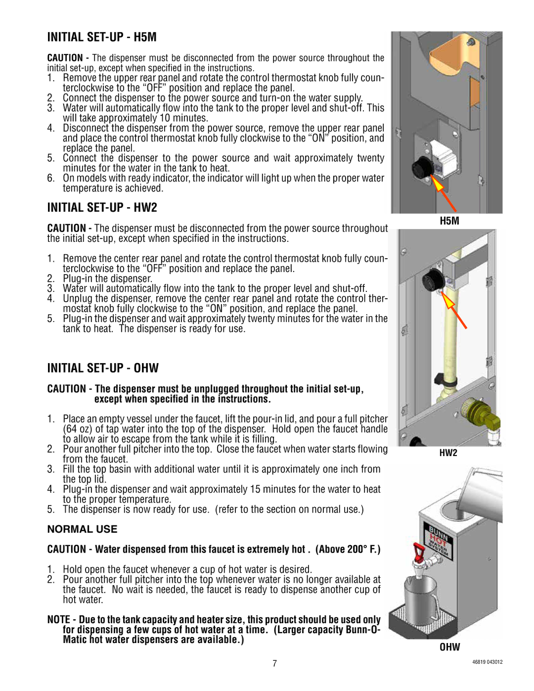 Bunn 39338.0001, 10010, 44306, 10420, 10267, 10889 Initial SET-UP H5M, Initial SET-UP HW2, Initial SET-UP OHW, Normal USE 