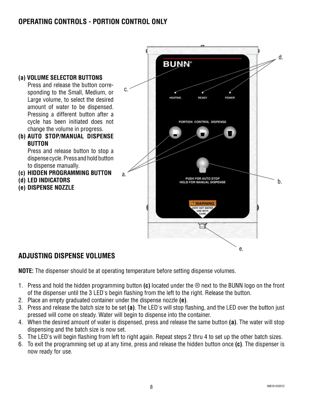 Bunn 39338.0001, 10010, 44306 Operating Controls Portion Control only, Adjusting Dispense Volumes, Volume Selector Buttons 