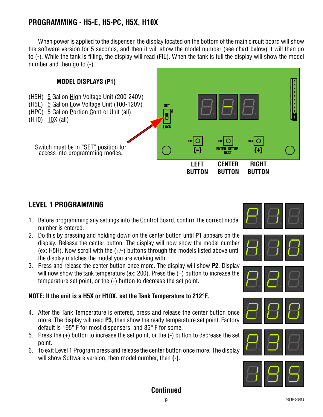 Bunn 10010, 39338.0001, 44306, 10420, 10267 Programming H5-E, H5-PC, H5X, H10X, Level 1 Programming, Model Displays P1 