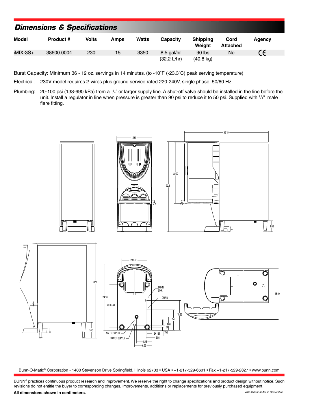 Bunn 3S+ specifications Dimensions & Specifications 