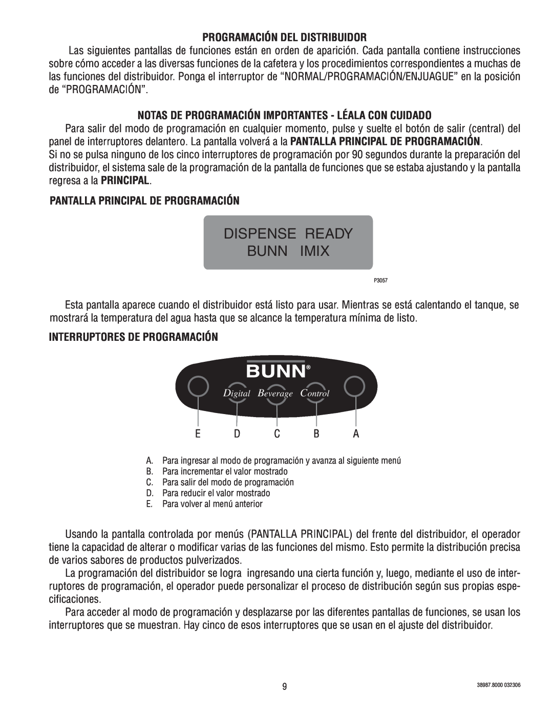 Bunn 5S+A Programación Del Distribuidor, Notas De Programación Importantes - Léala Con Cuidado, Dispense Ready Bunn Imix 