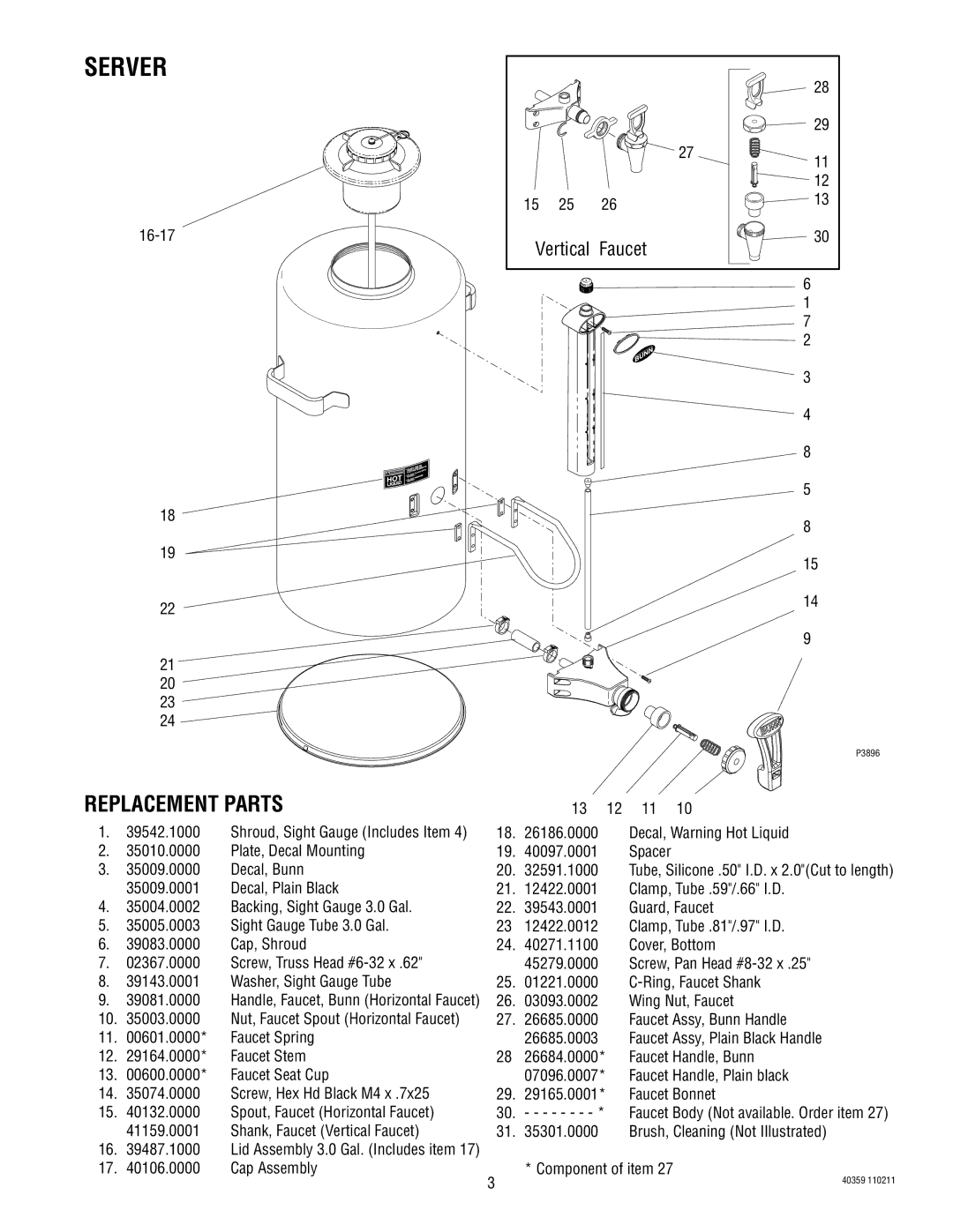 Bunn 40359 manual Server, Replacement Parts 