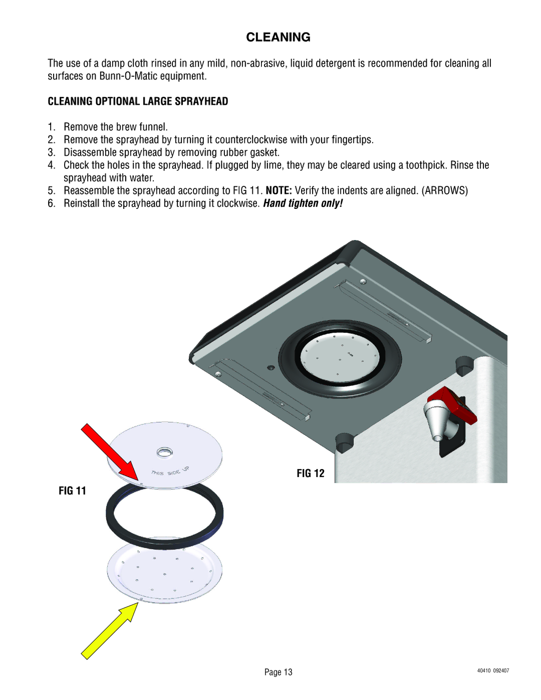 Bunn 40410.0000G service manual Cleaning Optional Large Sprayhead 