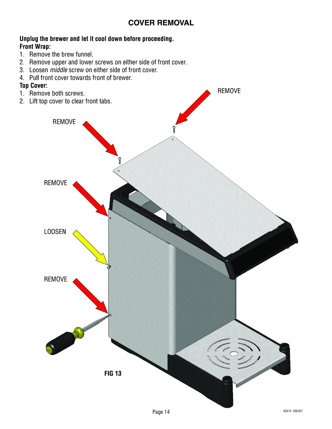 Bunn 40410.0000G service manual Cover Removal, Top Cover 