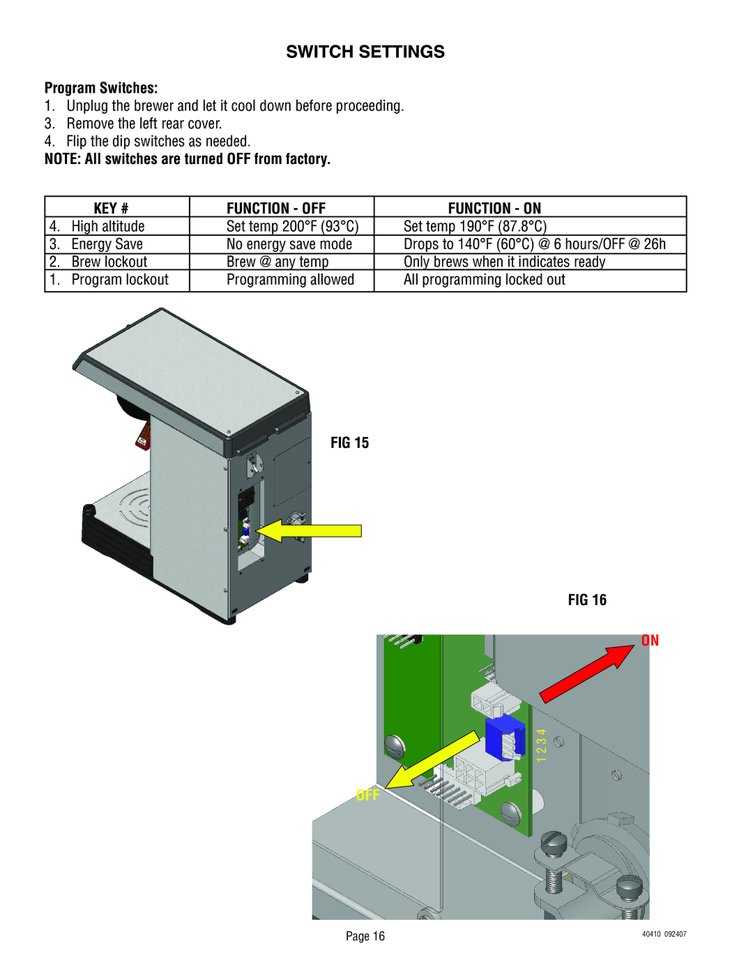 Bunn 40410.0000G service manual Switch Settings, Program Switches, KEY # Function OFF Function on 