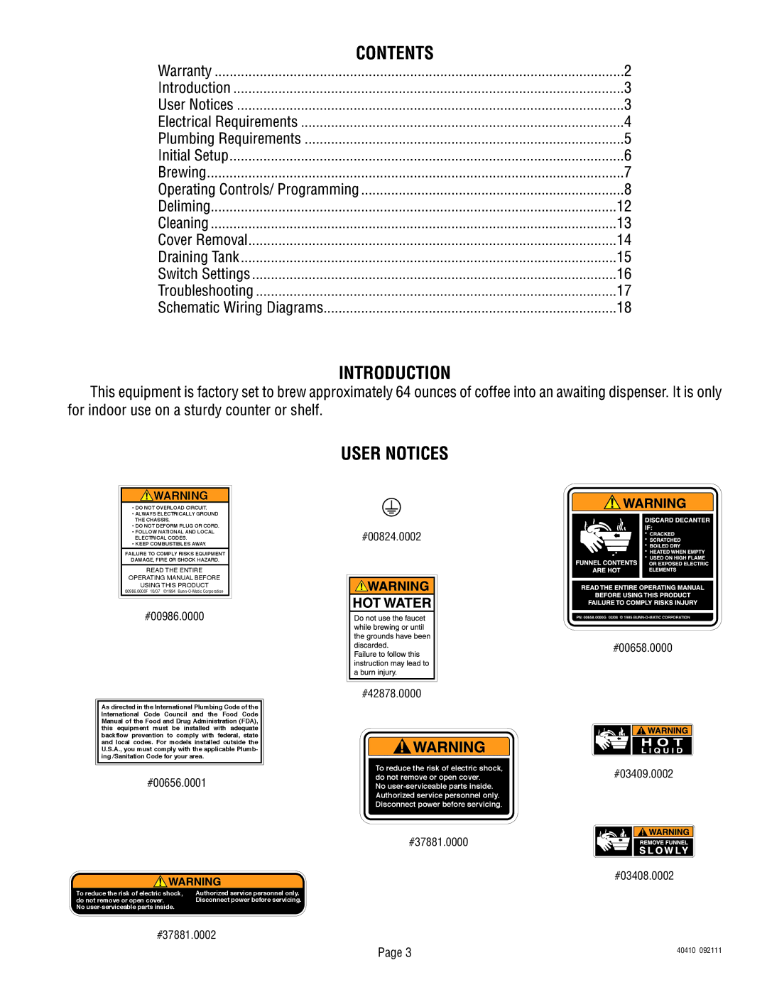 Bunn 40410.0000G service manual Contents, Introduction, User Notices 